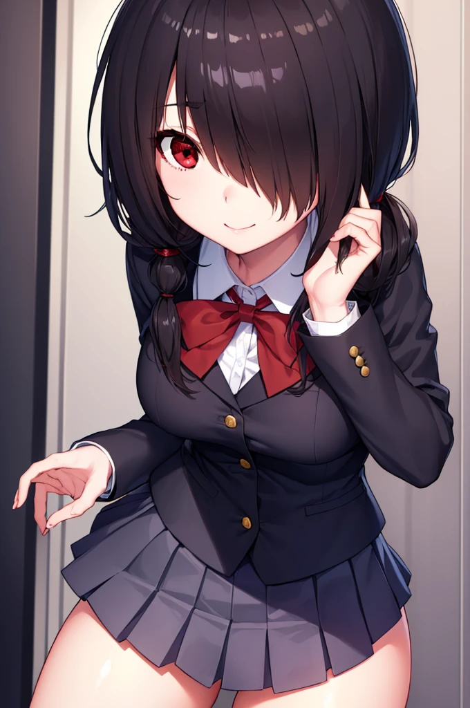 kurumitokisaki, tokisaki kurumi, clock eyes, black hair, low twintails, (hair over one eye:1.5), (red eyes:1.5), (big breast:1.1), smile,
BREAK school uniform, jacket, pantyhose, pleated skirt, black pantyhose,
BREAK indoors, classroom,
BREAK looking at viewer, (cowboy shot:1.5),
BREAK (masterpiece:1.2), best quality, high resolution, unity 8k wallpaper, (illustration:0.8), (beautiful detailed eyes:1.6), extremely detailed face, perfect lighting, extremely detailed CG, (perfect hands, perfect anatomy), kawai