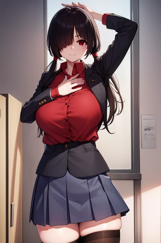 kurumitokisaki, tokisaki kurumi, clock eyes, black hair, low twintails, (hair over one eye:1.5), (red eyes:1.5), (big breast:1.1), smile,
BREAK school uniform, jacket, pantyhose, pleated skirt, black pantyhose,
BREAK indoors, classroom,
BREAK looking at viewer, (cowboy shot:1.5),
BREAK (masterpiece:1.2), best quality, high resolution, unity 8k wallpaper, (illustration:0.8), (beautiful detailed eyes:1.6), extremely detailed face, perfect lighting, extremely detailed CG, (perfect hands, perfect anatomy), kawai