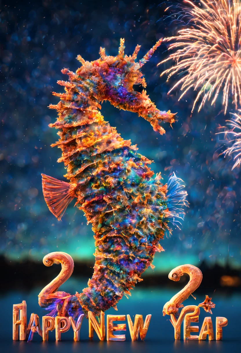 (text : "happy new year 2024"), surreal art, text, fireworks, seahorse, top quality