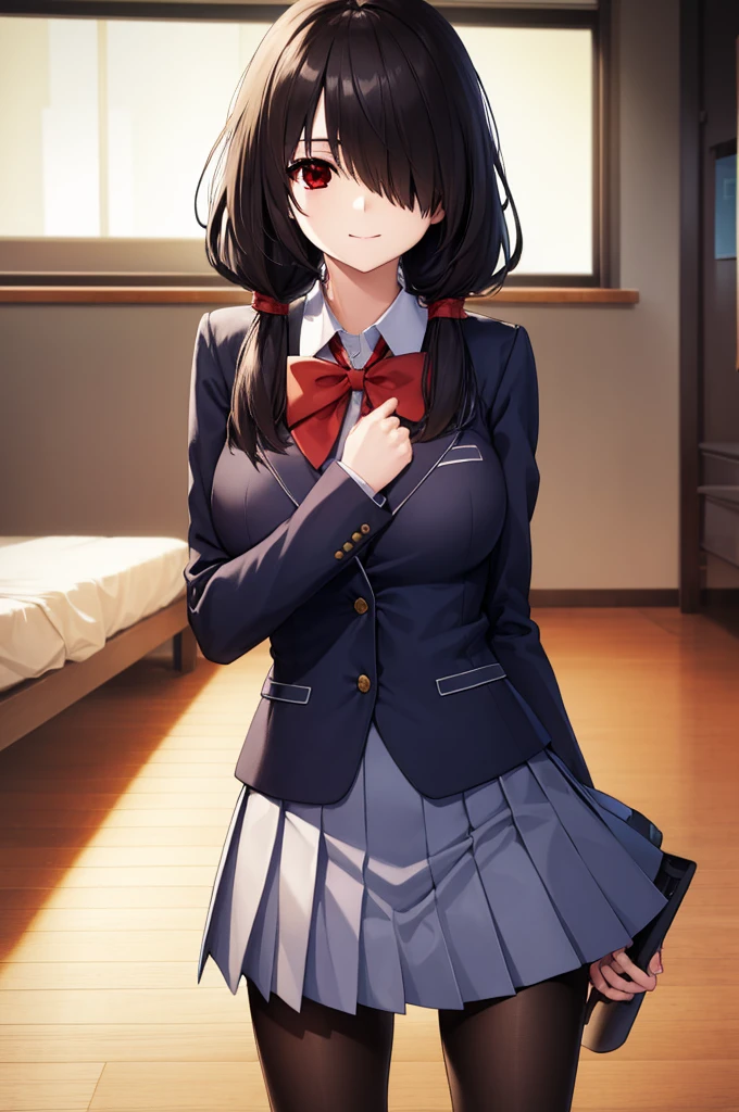 kurumitokisaki, tokisaki kurumi, clock eyes, black hair, low twintails, (hair over one eye:1.5), (red eyes:1.5), (medium breast:1.3), smile,
BREAK school uniform, jacket, pantyhose, pleated skirt, black pantyhose,
BREAK indoors, classroom,
BREAK looking at viewer, (cowboy shot:1.5),
BREAK (masterpiece:1.2), best quality, high resolution, unity 8k wallpaper, (illustration:0.8), (beautiful detailed eyes:1.6), extremely detailed face, perfect lighting, extremely detailed CG, (perfect hands, perfect anatomy), kawai