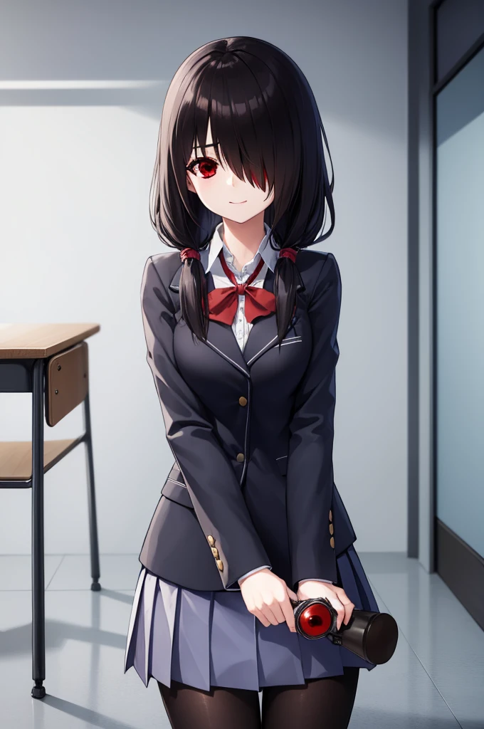 kurumitokisaki, tokisaki kurumi, clock eyes, black hair, low twintails, (hair over one eye:1.5), (red eyes:1.5), (medium breast:1.3), smile,
BREAK school uniform, jacket, pantyhose, pleated skirt, black pantyhose,
BREAK indoors, classroom,
BREAK looking at viewer, (cowboy shot:1.5),
BREAK (masterpiece:1.2), best quality, high resolution, unity 8k wallpaper, (illustration:0.8), (beautiful detailed eyes:1.6), extremely detailed face, perfect lighting, extremely detailed CG, (perfect hands, perfect anatomy), kawai