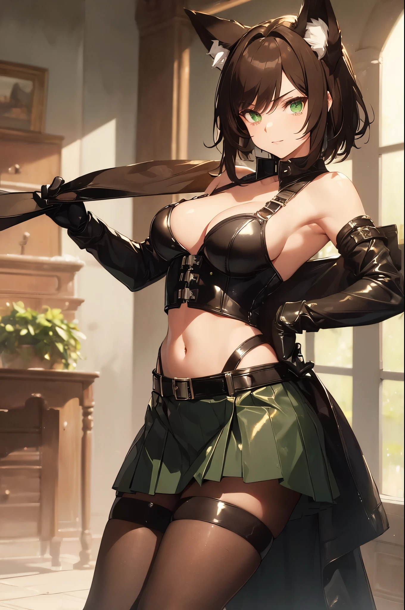 (Masterpiece: 1.5), (Best Quality: 1.5), (Perfect Face), Fox ears, Fox Tail, dark brown hair, green eyes, femboy, feminine male, no chest, full body, leather skirt, short hair, fluffy hair, leather harness, thick tights, leather gloves, leather stockings, leather corset
