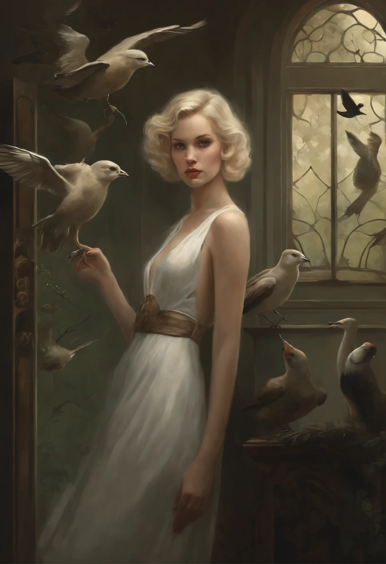 anatomically correctly drawn body, Photo of a blonde girl, standing in the doorway, and the birds fly around., Ghibli Tom Bagshaw, tom bagshaw style, artstyle: Tom Bagshaw, Tom Bagshaw Weta Studio, tom bagshaw style, Tom Bagshaw Donato Giancola, The cover of the novel for the book, artstyle by Tom Bagshaw, based on Jakub Schikaneder, inspired by Brian Despain