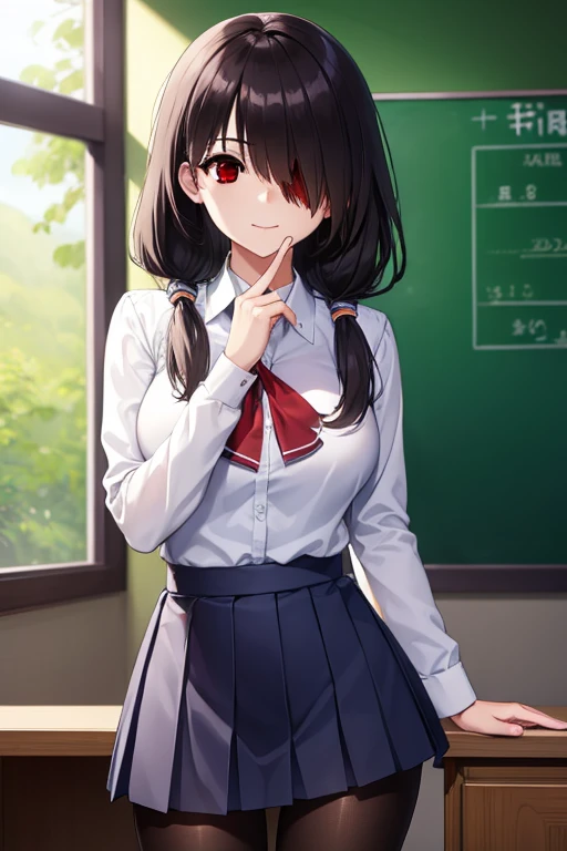 kurumitokisaki, tokisaki kurumi, clock eyes, black hair, long twintails, (hair over one eye:1.5), (red eyes:1.5), (big breast:1.1), smile,
BREAK school uniform, pantyhose, pleated skirt, black pantyhose,
BREAK indoors, classroom,
BREAK looking at viewer, (cowboy shot:1.5),
BREAK (masterpiece:1.2), best quality, high resolution, unity 8k wallpaper, (illustration:0.8), (beautiful detailed eyes:1.6), extremely detailed face, perfect lighting, extremely detailed CG, (perfect hands, perfect anatomy), kawai