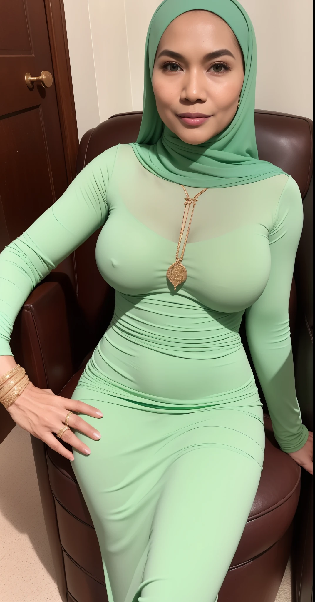 gravure, from the chest up, masutepiece, Best Quality, Ultra-detailed, Photorealistic, super detailed skin, Perfect Anatomy, (1 Malaysian), (Solo), 84 years old, Large breasts, Malaysian Hijab actress, nudes green, glamor, A sexy, Chromo-white skin, Looking at Viewer, Beutifull finger.