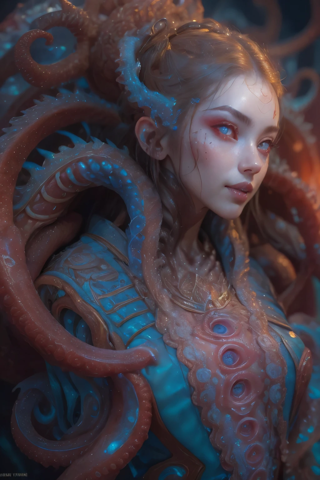 Portrait, (beautiful female alien:1.2), (she has red eyes with no pupils:1.8), (Translucent skin:1.7), (There is a female genital-like organ in the middle of the forehead:1.9), (The most beautiful face in the history of the universe:1.2),an evil gaze that seduces, (large mouth:1.1), (sharp teeth like a vampire:1.2), Full body like, (bio luminescent:1.5), (Smile wickedly:1.3), (sexypose:1.5), alien, No humans, cells are fused, (Lots of translucent tentacles:1.3) extraterrestrial, cell, bio image, Best Quality, 8K,4K_quality, High Definition, Dramatic Lighting, masutepiece:1.5,cinematic quality, detail up, (Intricate details:1.2), High resolution, High Definition, drawing faithfully, (Thick eyebrows:1.2), Beautiful eyes with fine symmetry,(Highly detailed face and eyes:1.2), Intimate face, (Super detailed skin quality feeling:1.4), Perfect Anatomy, (Beautiful toned body:1.5), (Moist skin:1.2), No makeup, (dark circles:1.1), long canines, cinematic drawing of characters, ultra high quality model, cinematic quality, detail up, (Intricate details:1.2), High resolution, High Definition, drawing faithfully, Official art, Unity 8K wall , 8K Portrait, Best Quality, Very High resolution, ultra detailed artistic photography, midnight aura, unreal enginee 5, Ultra Sharp Focus, art by alberto seveso, ArtGerm, Roisch, intricate artwork, best quality, masutepiece, ultra High resolution, (photos realistic:1.4), Ultra-realistic realism, dream-like, nautilus, Creation of fantasy, Snail, Dream Snail, biopunk nautilus, Thrilling color schemes, Ultra-realistic realism, seductively smiling, Blue tentacles,