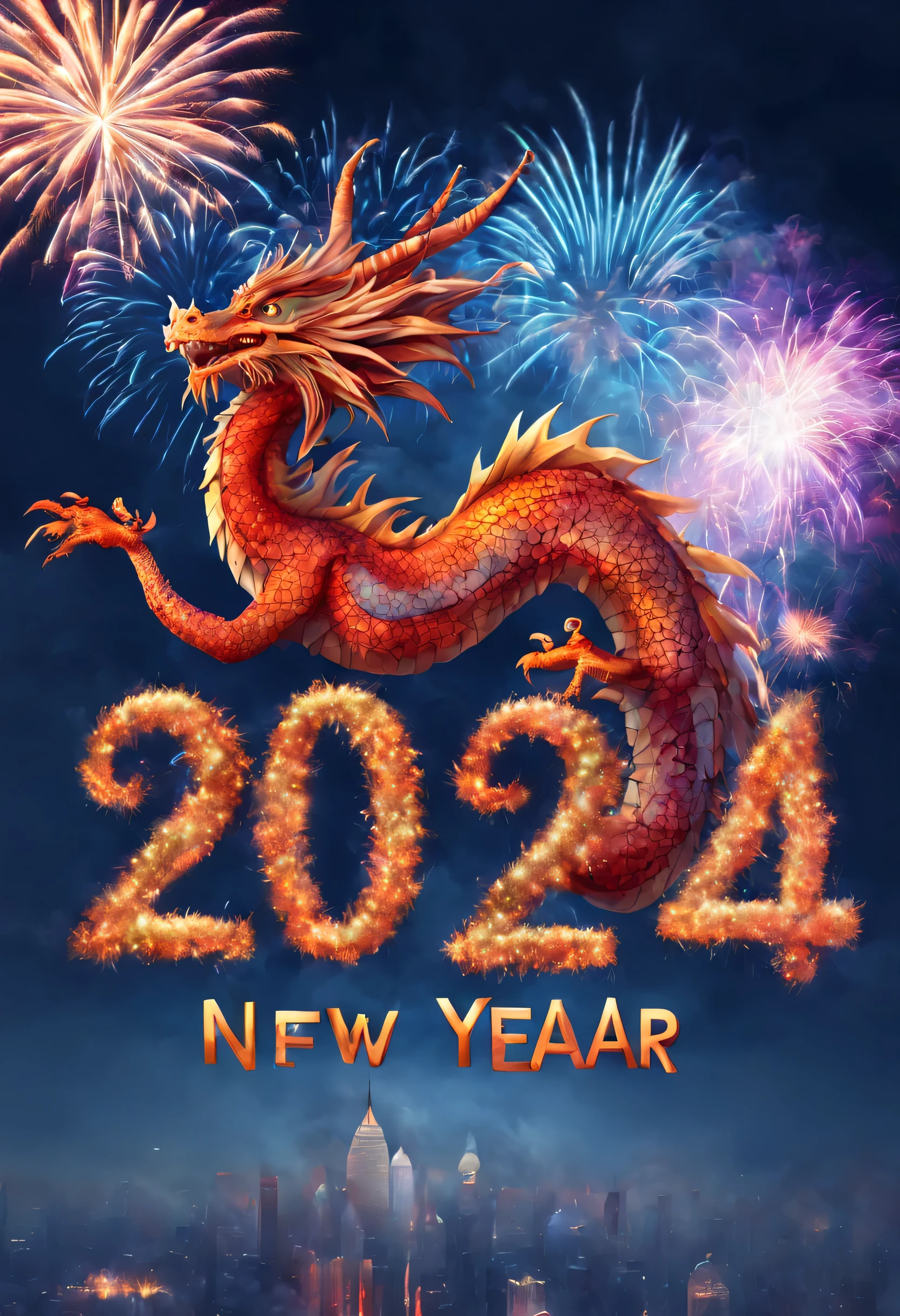 (Text : "Happy New Year 2024"), Surreal art, Text, Fireworks, shenron, of the highest quality