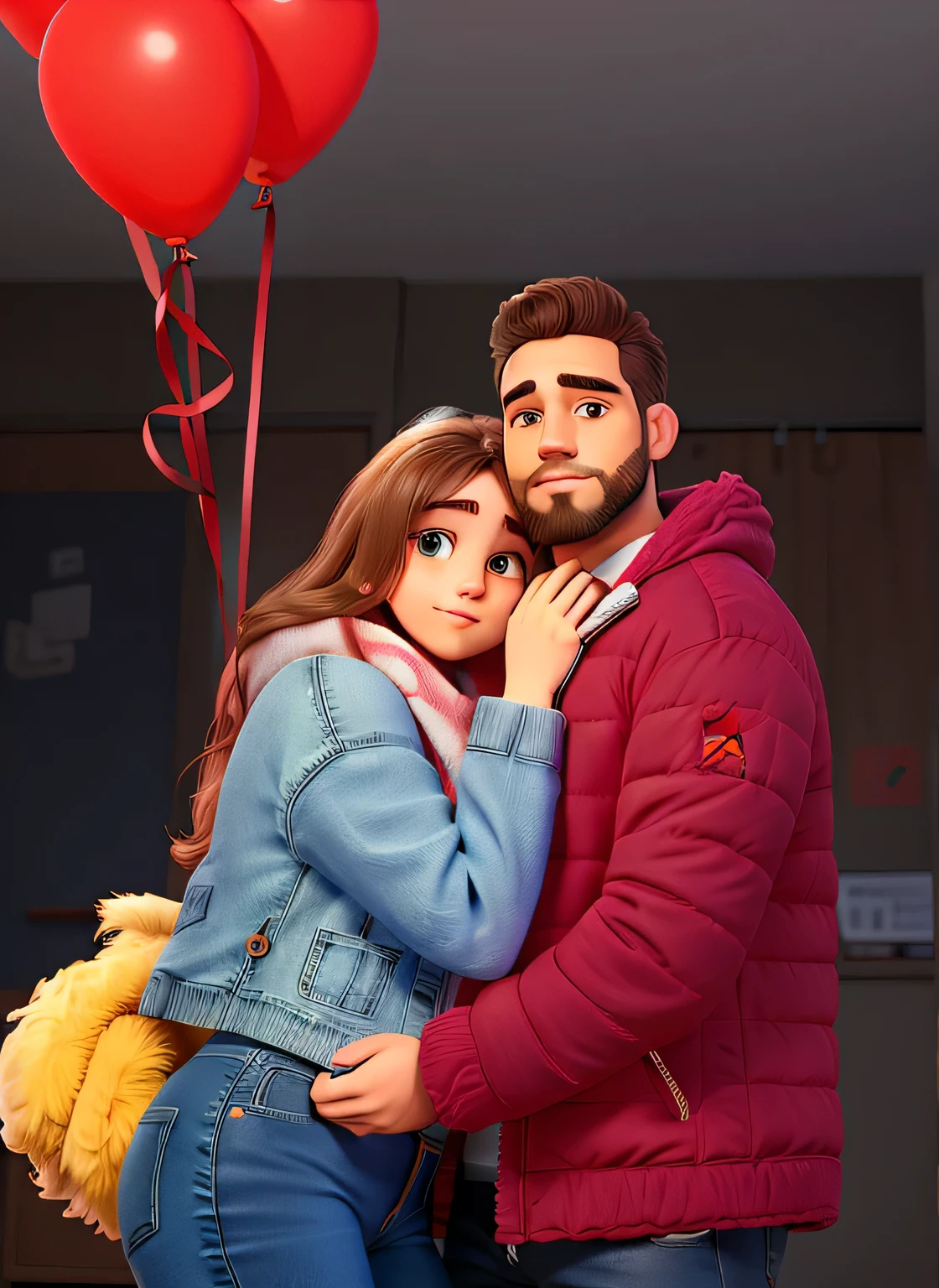 Casal qualidade alta, girl with jeans shirt , men with fluffy red jacket, cute couples, beard men