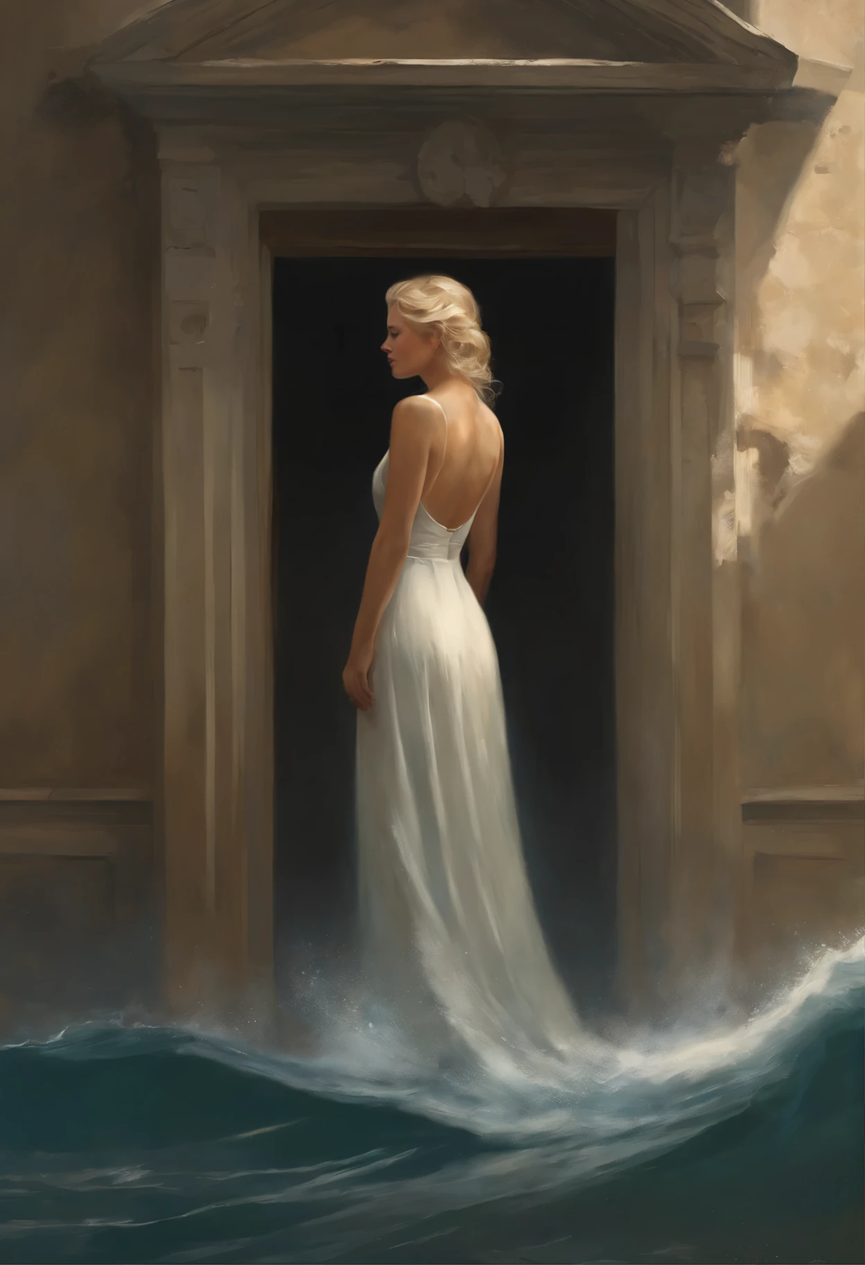 Painting of a blonde woman, I look through the doorway at flying birds and waves in the ocean, rob rey, based on Jakub Schikaneder, by Cynthia Sheppard, beautiful illustration, inspired by Cynthia Sheppard, Ghibli Tom Bagshaw, beautiful image, Artistic concept for book cover, based on Jean-Leon Gerome, magic realism painting, The cover of the novel for the book