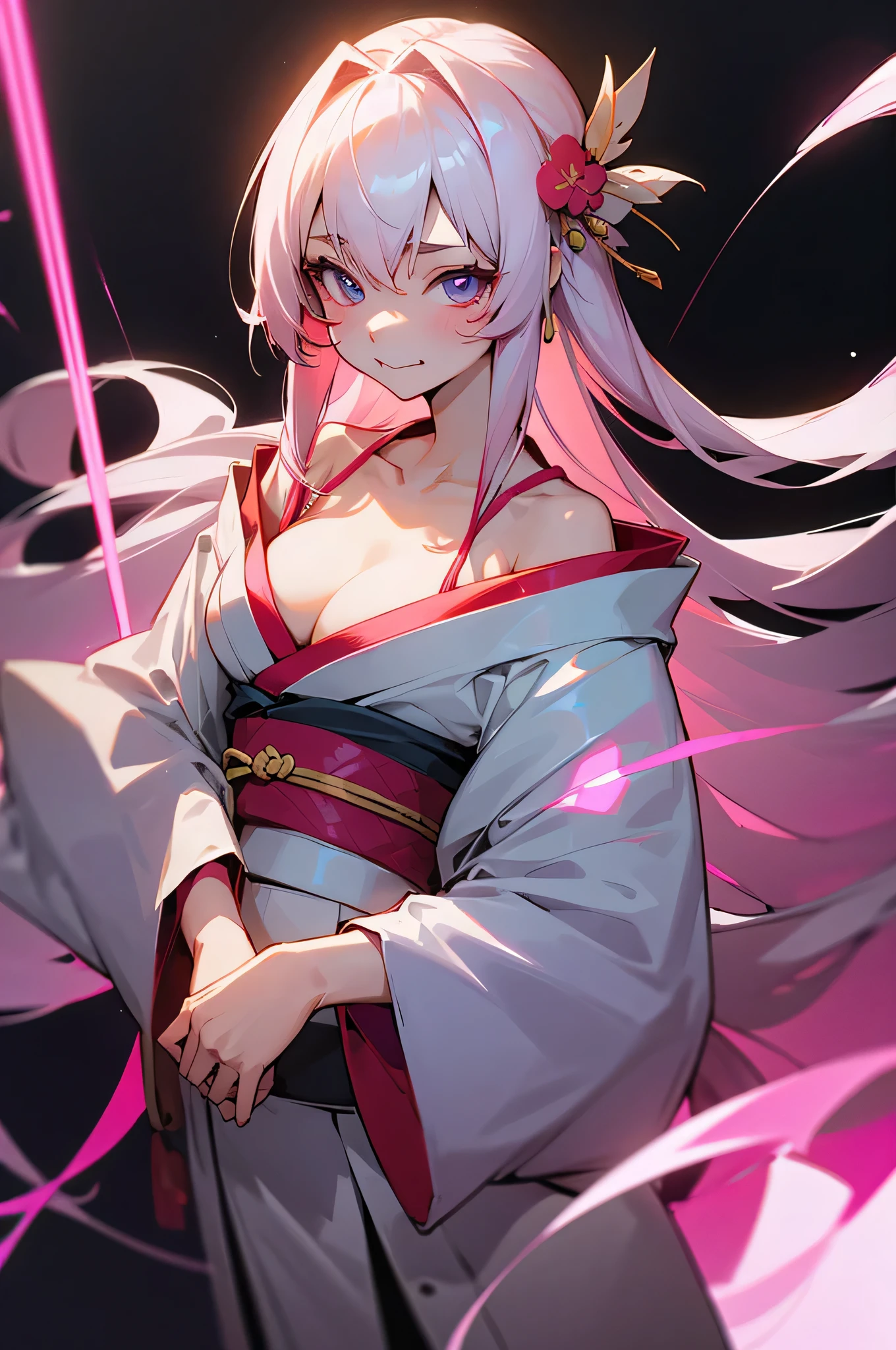 Female Solo、The long-haired、Kimono、gently、A Japanese style、Looking at the camera、biting his lip、Small breasts、cleavage of the breast、Luxurious hair ornaments、Neon feeling、neon laser、