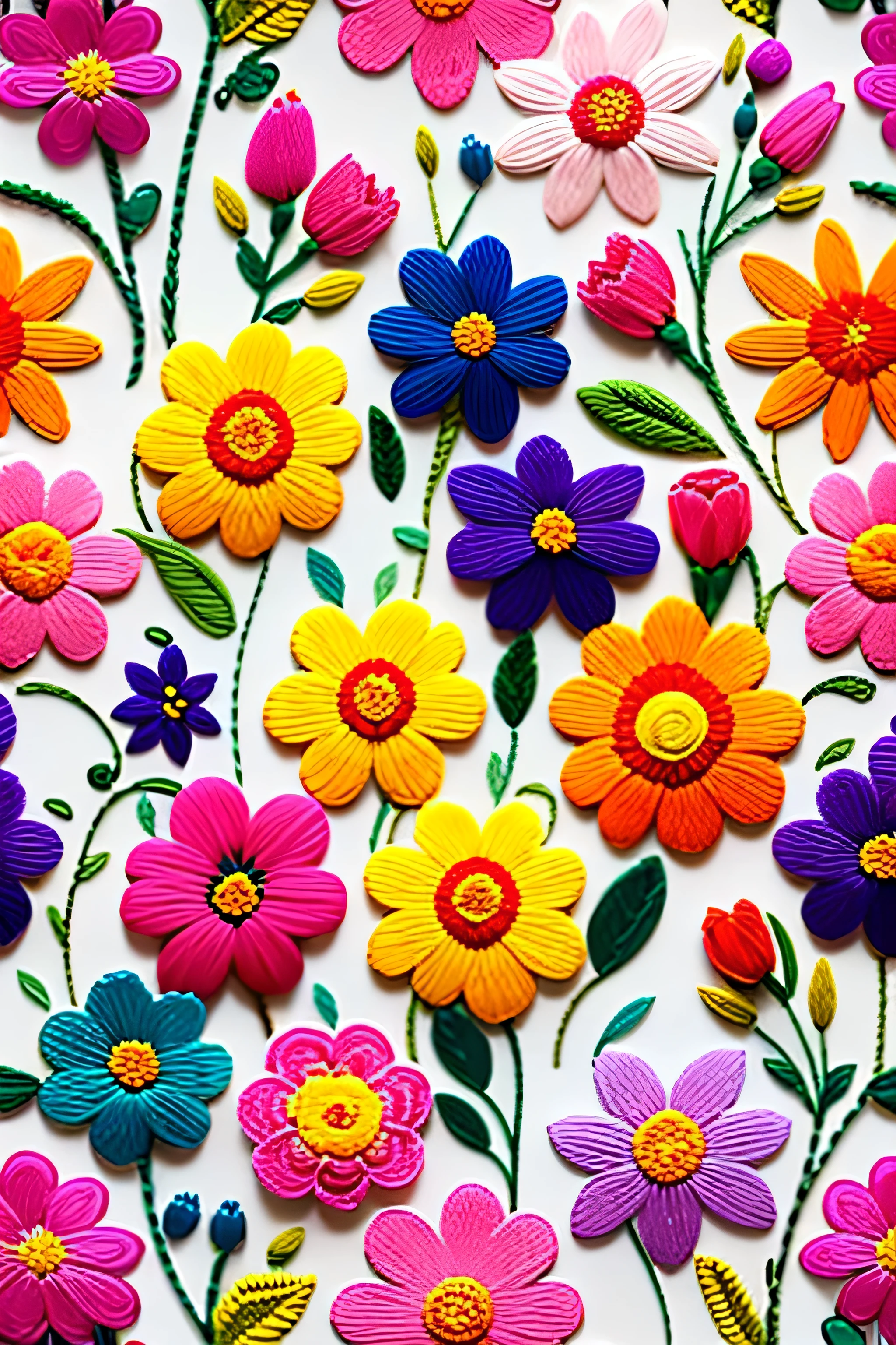 embroidered flowers, mulitple colors, lovely flowers, high detailed