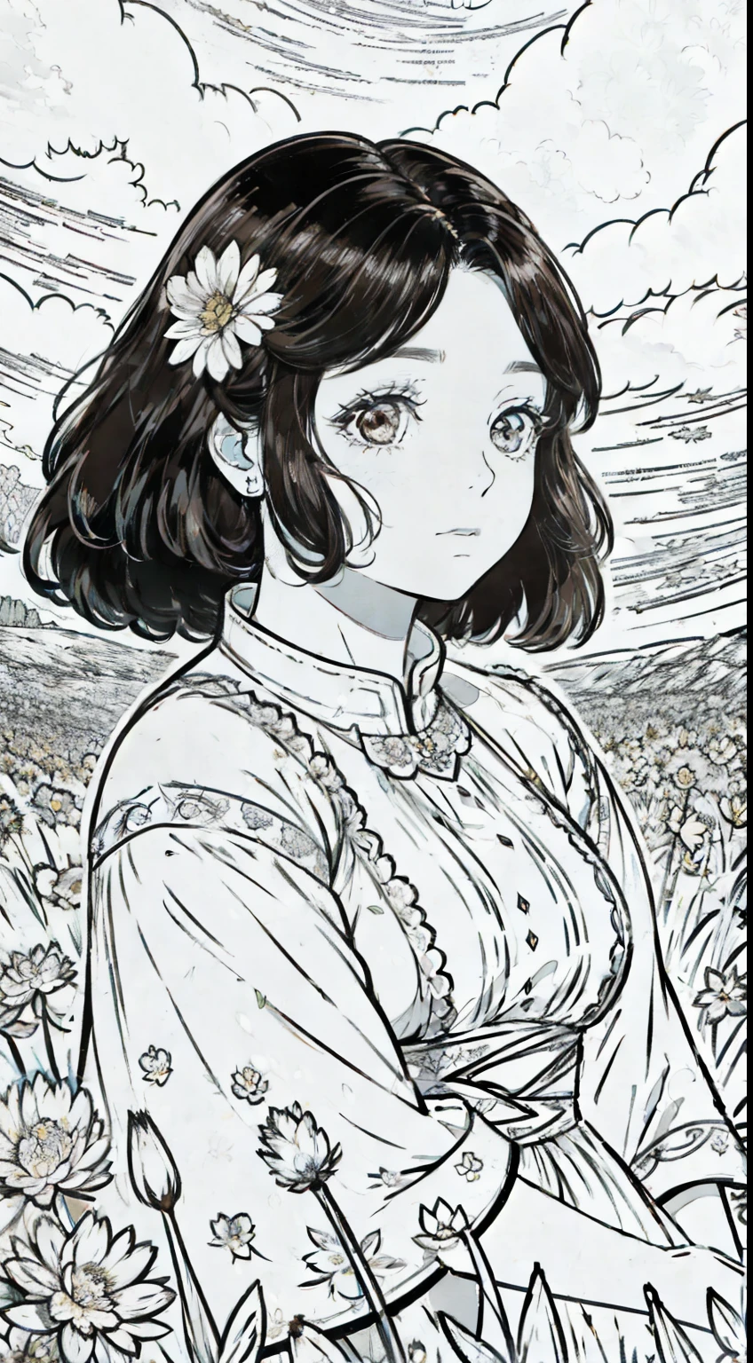 brown skin woman looking at camera, (field of flowers), ((closeup)), portrait, clouds, line art