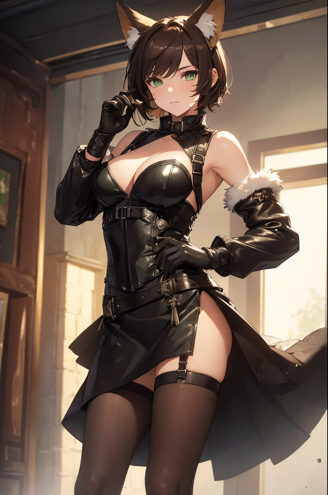 (Masterpiece: 1.5), (Best Quality: 1.5), (Perfect Face), 1person, Fox ears, Fox Tail, dark brown hair, green eyes, femboy, feminine male, no chest, full body, leather skirt, short hair, fluffy hair, leather harness, thick tights, leather gloves, leather stockings, leather corset,