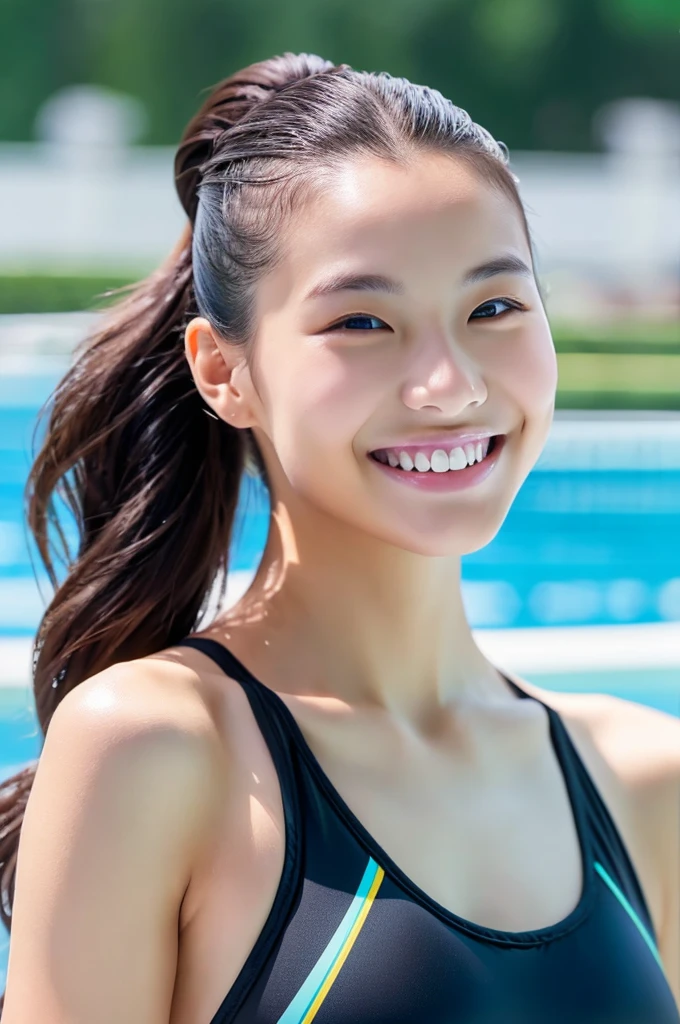 highest quality, masterpiece, ultra high resolution, (realistic:1.4), (portrait facing each other) RAW photo, 1 girl, 20-year-old,((Sexy One Piece Swimsuit)),((ponytail and hair tie)),((look up at the audience)),realistic,((solid color random background)), picture media chest)),((toothy smile)),
