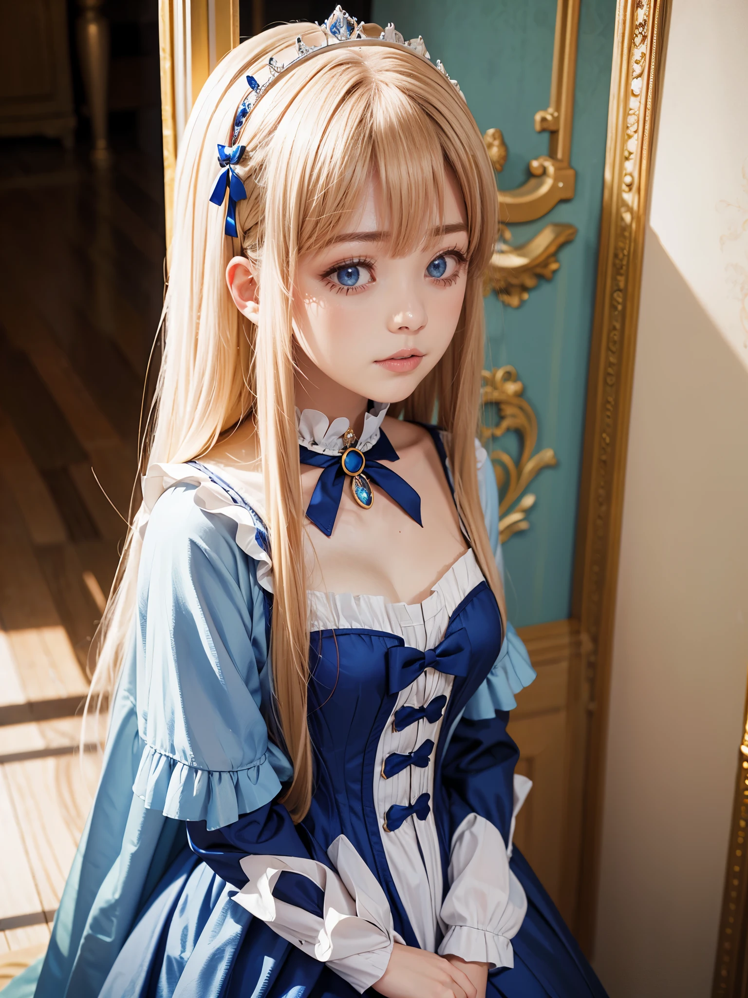 Raw Photography, High Resolution, Realistic, Masterpiece, 18 year old, Mia Luna Tearmoon, Single, Victorian Era, Searching at the hallway, Detailed cute and beautiful face, White shiny skin, bangs, Blonde Super Long Straight Silky Hair, Blue Eyes, Crown, Perfect and Nice Hands,  Beautiful Long Eyelashes, small breasts