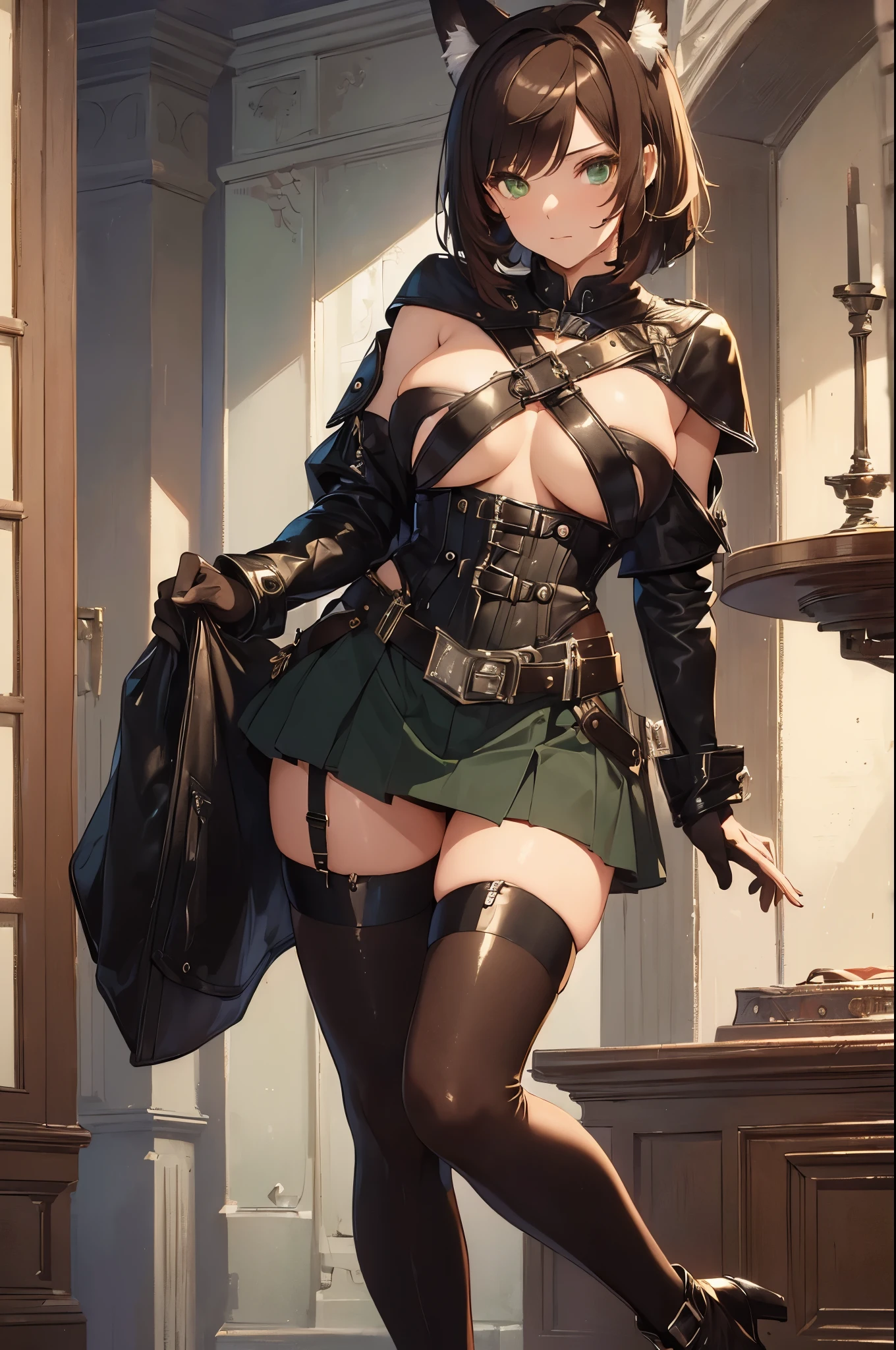 (Masterpiece: 1.5), (Best Quality: 1.5), (Perfect Face), 1person, Fox ears, Fox Tail, dark brown hair, green eyes, femboy, feminine male, no chest, full body, leather skirt, short hair, fluffy hair, leather harness, thick tights, leather gloves, leather stockings, leather corset,