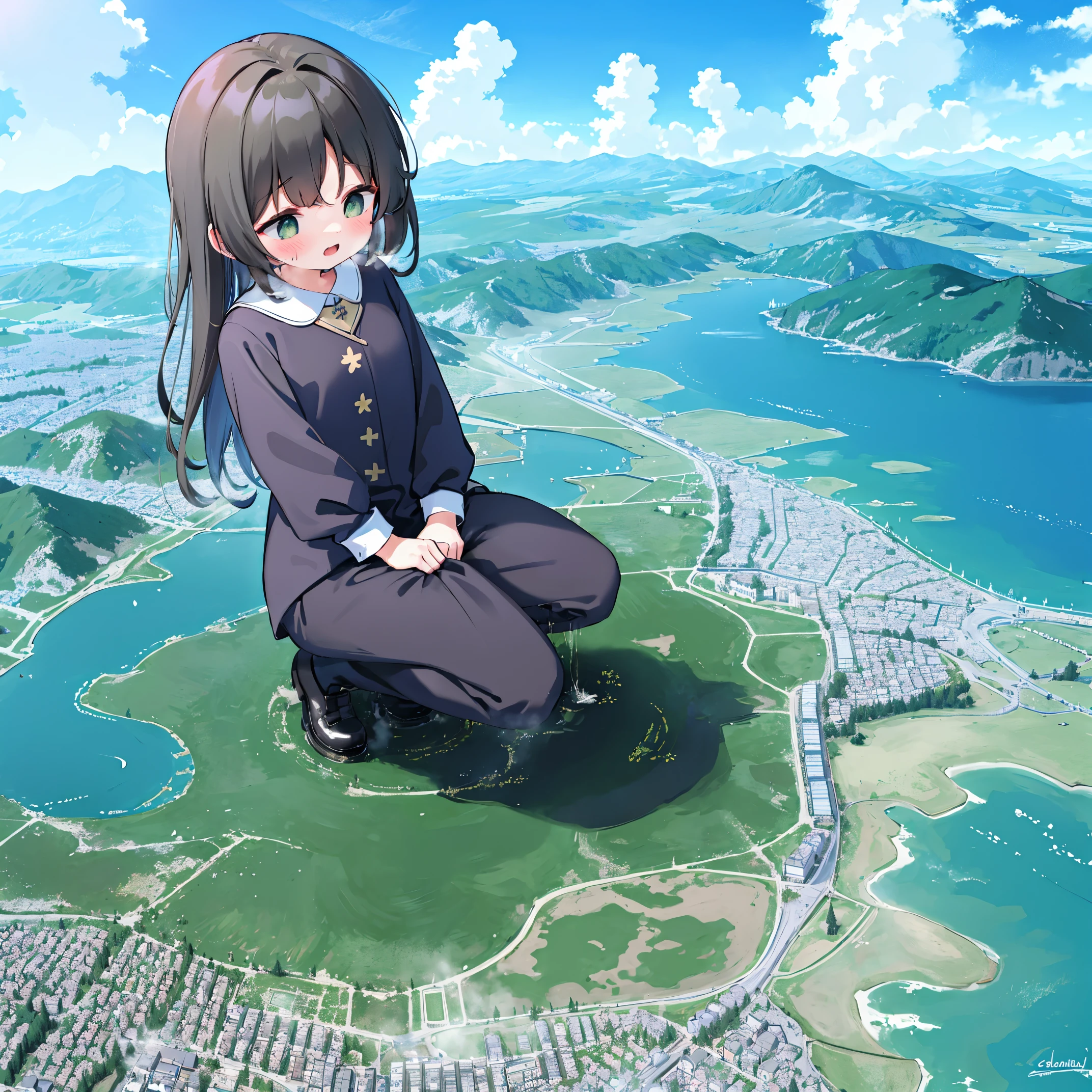 NSFW,{A giantess},{1个Giant Girl},{urinating}clouds, looking over city, mountain ranges, tmasterpiece, Best quality, The content is very detailed,tmasterpiece,Best quality,offcial art,extremely detaild的 CG unified 8k wallpapers,{{{A giantess}}},Huge girl,1 girl,modern miniature city,pissing,No shoelackstockings},squatt,face flushed,comfortable expressions,pissing,urine,Nourishes urine,urine squirting,Urine gives off steam,Modern miniature city squatting and peeing ,The city is full of urine