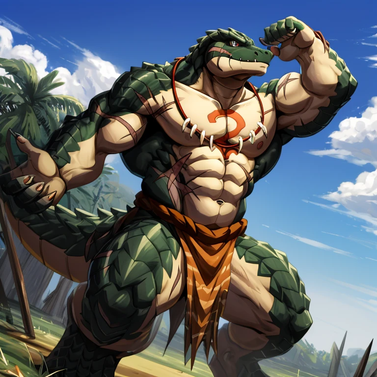 zenberu gugu, scalie, solo, loincloth, male, reptile, muscular male, overlord (series), anthro, muscular, clothing, muscular anthro, bottomwear, scales, tribal, pecs, outside, abs, claws, topless, hi res, sky, clothed, chest scar, biceps, blue sky, crocodilian, stripes, light, low-angle view, markings, day, multicolored scales, front view, digital media (artwork), standing, striped scales, cloud, scar, raised arm, big muscles, spikes, detailed background, two tone scales,
nj5furry,