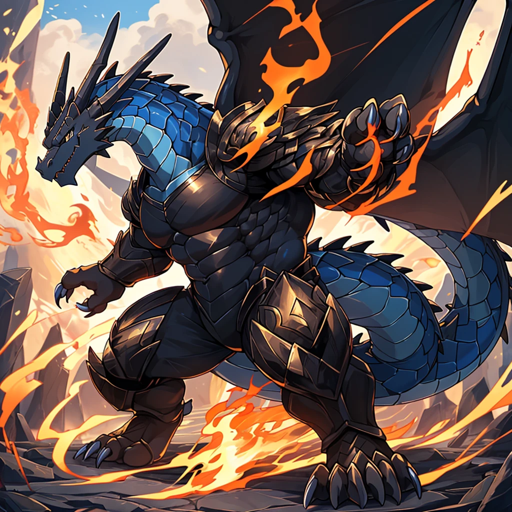 (The violent and powerful black dragon, the strong dragon，Wearing modern black and gold armor：55)，(Broad dragon body，Majestic wingspan，Sharp dragon claws，Thick dragon tail：2)，Stout physique，(blue dragon flame：2)，Overwhelming presence，Whole body diagram，The is very detailed，4k高清