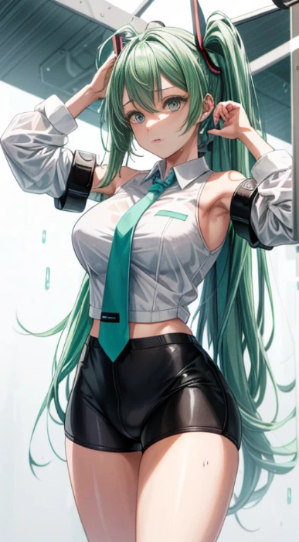 Hatsune Miku with big breasts   ，dual horsetail  ，Green hair，target shoulder，Precocious black cycling shorts，(White precocious cycling pants，the sleeve，8K，A high resolution，Green-eyed，Only beautiful thighs are exposed，The clothes are white，The No. Lucky 01，Shining Background，There is a tie to wear，Put on a pose that a girl would do，high quality hair，anime heroine eyes，Ultra-high detail eyes，in the rain，Bionic woman.Mechanical body，Tall and mighty，Normal height，a little bit chubby, It just rained,, soaking, drenched all over the body,,, Cute big breasts, tmasterpiece, quality,（mesmerizing quality：1.4）, delicated face,, Gradient hair, body