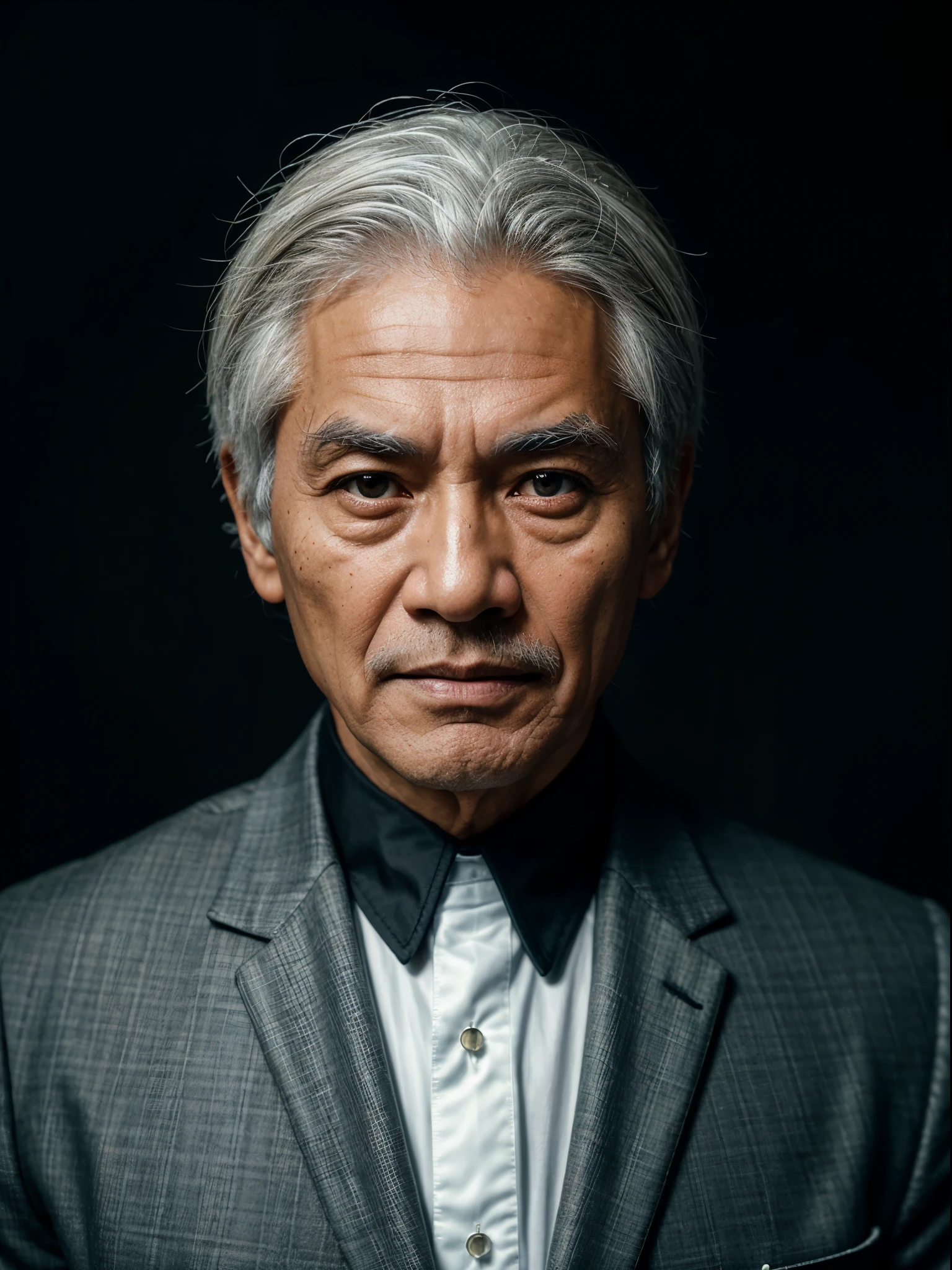 Potrait of a 80 years-old Indonesian Man, White Hair, Reassemble Masterpiece of Creation, HyperRealistic Facial Features, Elegant pose, 'Top Body Shot', (He is Wearing a Suit), with Professional Make-up, Taken on a Studio with Black Pattern Backgrounds, Backdrop Lights, Dual Exposure, Capture by Hasselblad X1D II 50C, Medium Format Camera combine with Hasselblad XCD 80mm f/1.9, ISO 100, 1/60. An aperture setting of f/2.8