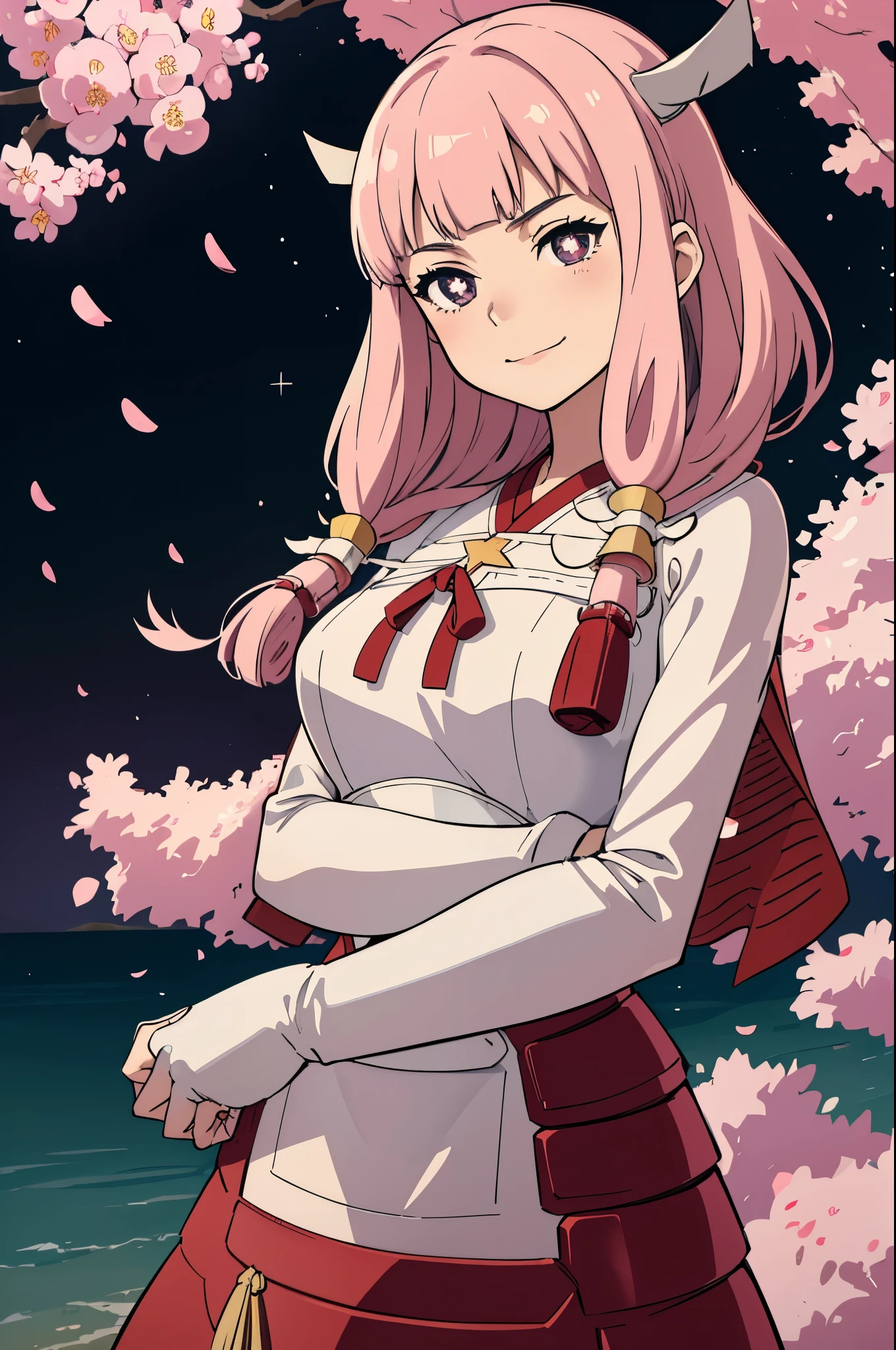 masterpiece, best quality, mitama, star-shaped pupils, hair ornament, capelet, armored dress, night, upper body, stars, cherry blossoms, looking at viewer, slight smile, smug, from above