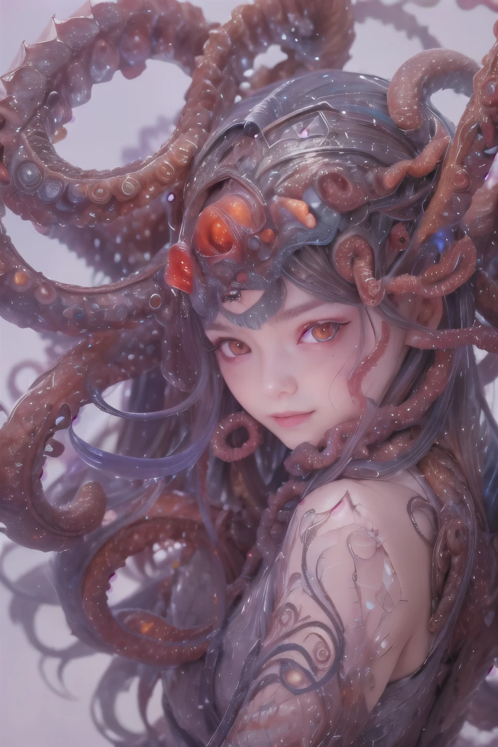 (A portrait of one beautiful and obscene female alien in the water of the deep sea, who is a young teenager:1.4), ((There is a female genital-like organ in the middle of her forehead:1.8)), (realistic face:1.2), (Numerous award-winning masterpieces, with incredible detail, textures and maximum detail), artistic photography, midnight aura, unreal engine 5, Ultra Sharp Focus, art by Amano Yoshitaka, ArtGerm, Roisch, intricate artwork, ultra realistic realism, high resolution, High freshness, drawing faithfully, official art, Unity 8K Wall paper, ultra detailed artistic photography, dream-like, Creation of fantasy, dream Snail, (biopunk nautilus:1.3),Thrilling color schemes, seductively smiling, Amazing mutation, well-proportioned body, goddess of the deep sea, fractal, Geometric pattern, impossible figures, (translucent white tentacles with luminescent organs:1.4), subtle emerald green accents, (smiling seductively:1.3),(She has the most beautiful face in the history of the universe:1.5), Penelope Cruz, (she is looking down at viewers with glowing iridescent eyes with no pupils:1.3), an evil gaze that seduces, cinematic lighting, (Vampire-like long canine teeth can be glimpsed through the gap between the cute lips:1.3), in the hall of the palace, Sweet breath is exhaling from beautiful lips, ecstatic expression