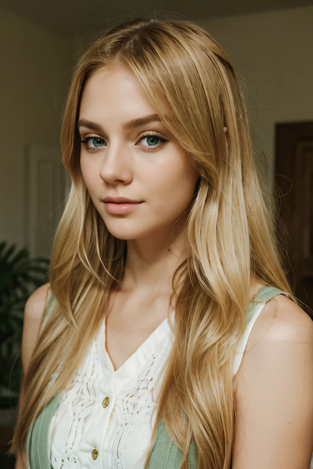 blonde beautiful girl , green eyes, long hair