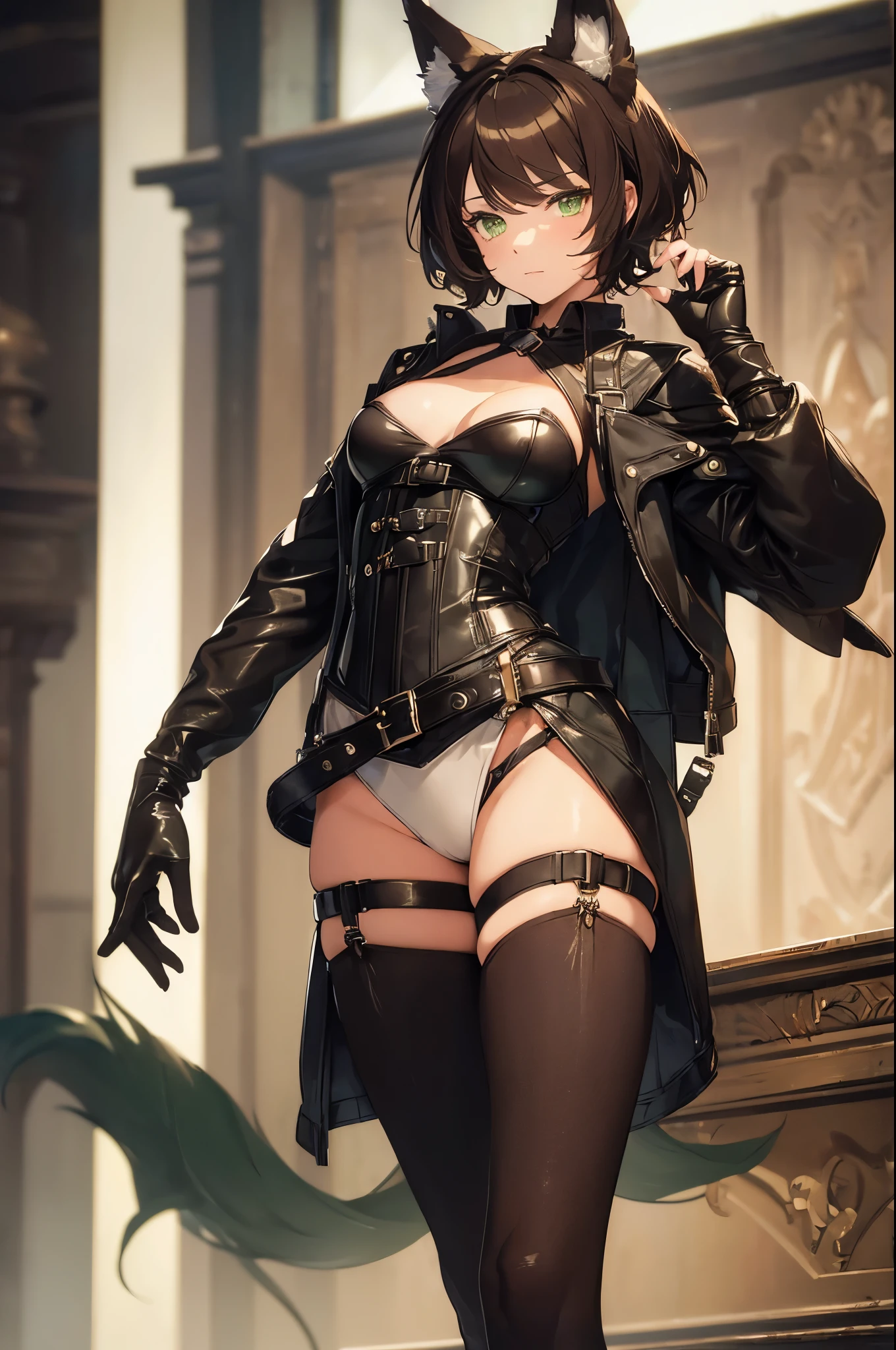 (Masterpiece: 1.5), (Best Quality: 1.5), (Perfect Face), 1person, Fox ears, Fox Tail, dark brown hair, green eyes, femboy, feminine male, no chest, full body, leather skirt, short hair, fluffy hair, leather harness, thick tights, leather gloves, leather stockings, leather corset,