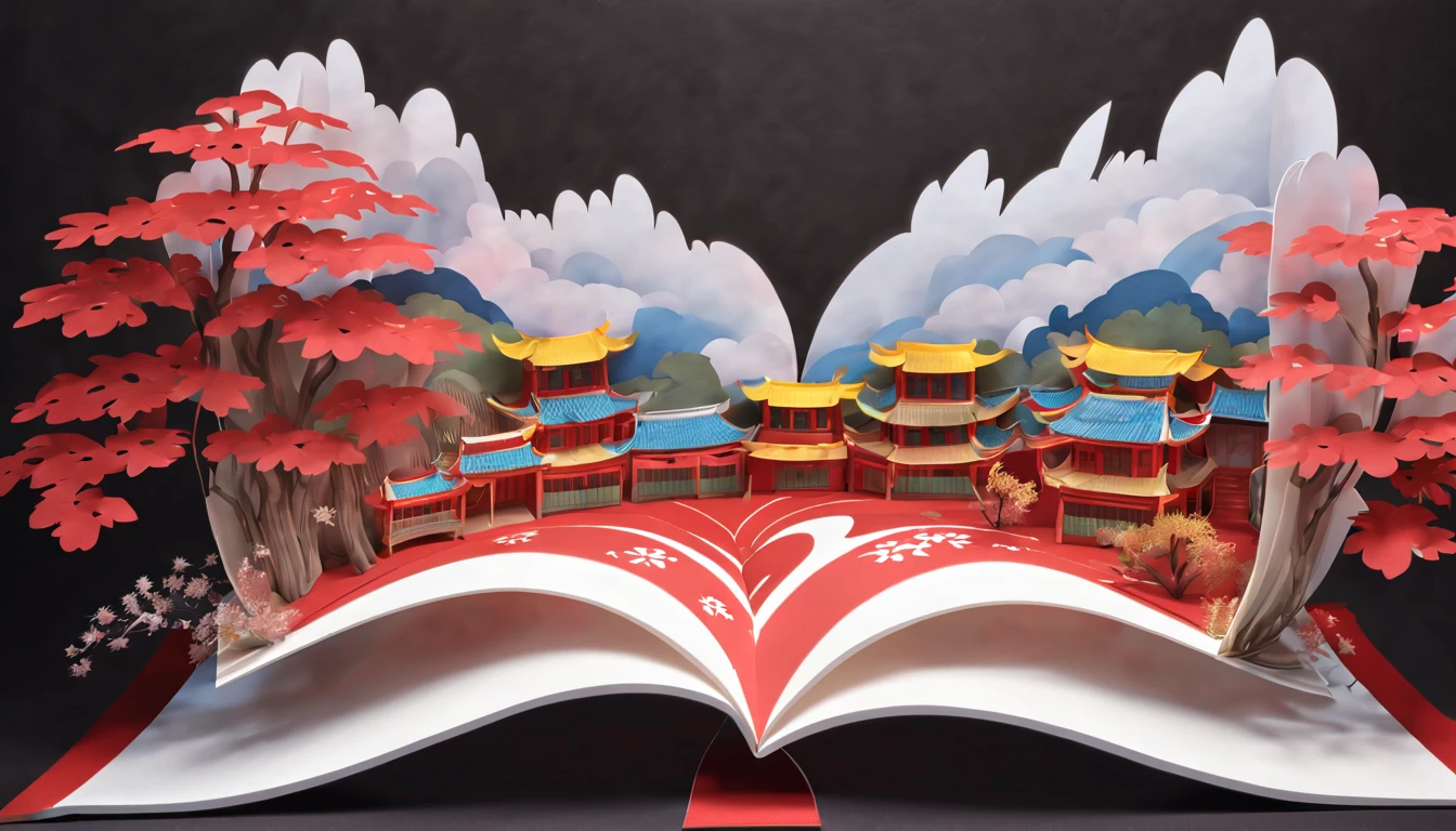 (popup book:1.5), Cuttings style:A traditional Chinese village is hosting a grand New Year fireworks display。On a cold winter night,Red maple,Rolling hillest qualtiy,4K,8K,A high resolution,tmasterpiece:1.2),super-fine,(realisticlying,照片realisticlying,photoreali:1.37)#Marine art#pop-up books#number art#digitial painting#love art