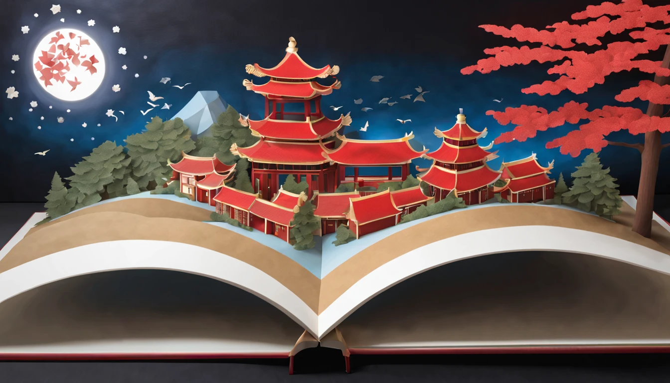 （popup book：1.5）， Cuttings style：A traditional Chinese village is hosting a grand New Year fireworks display。On a cold winter night，Red maple，Rolling hillest qualtiy，4K，8K，A high resolution，tmasterpiece：1.2），super-fine，（realisticlying，照片realisticlying，photoreali：1.37）#Marine art#pop-up books#number art#digitial painting#love art