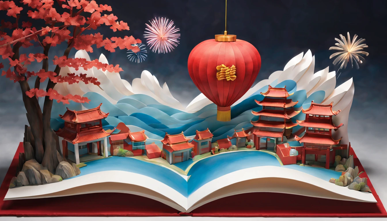 （popup book：1.5）， Cuttings style：A traditional Chinese village is hosting a grand New Year fireworks display。On a cold winter night，Red maple，Rolling hillest qualtiy，4K，8K，A high resolution，tmasterpiece：1.2），super-fine，（realisticlying，照片realisticlying，photoreali：1.37）#Marine art#pop-up books#number art#digitial painting#love art