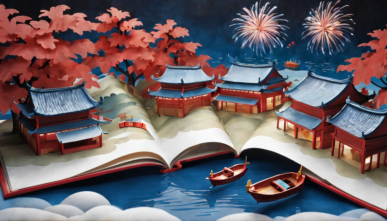 （popup book：1.5）， Cuttings style：A traditional Chinese village is hosting a grand New Year fireworks display。On a cold winter night，Red maple，Rolling hillest qualtiy，4K，8K，A high resolution，tmasterpiece：1.2），super-fine，（realisticlying，照片realisticlying，photoreali：1.37）#Marine art#pop-up books#number art#digitial painting#love art