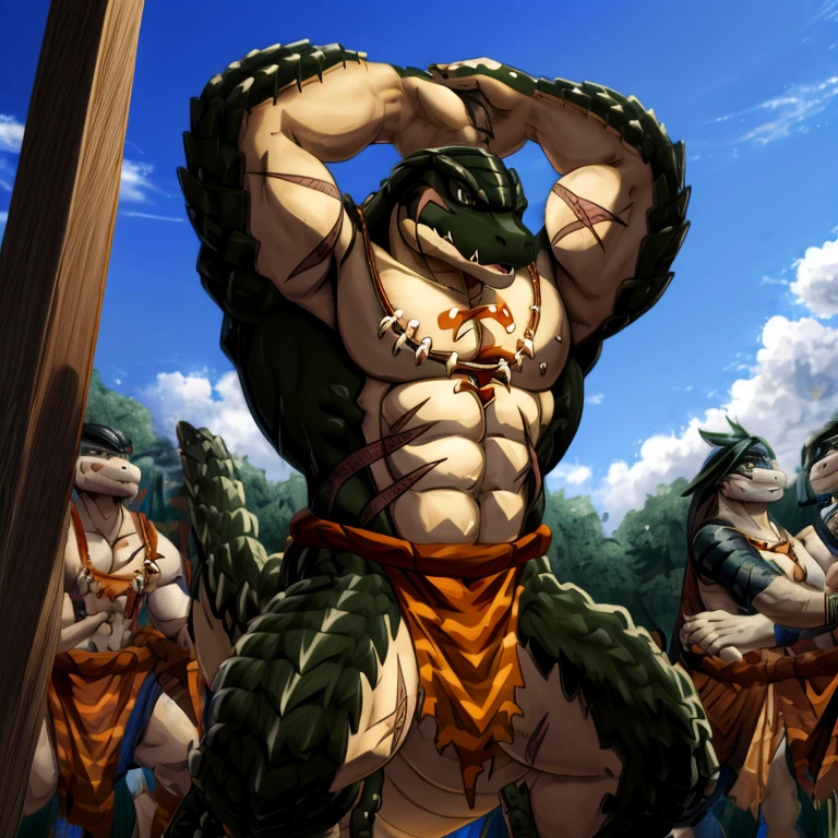 zenberu gugu, scalie, solo, loincloth, male, reptile, muscular male, overlord (series), anthro, muscular, clothing, muscular anthro, bottomwear, scales, tribal, pecs, outside, abs, claws, topless, hi res, sky, clothed, chest scar, biceps, blue sky, crocodilian, stripes, light, low-angle view, markings, day, multicolored scales, front view, digital media (artwork), standing, striped scales, cloud, scar, raised arm, big muscles, spikes, detailed background, two tone scales,
nj5furry,