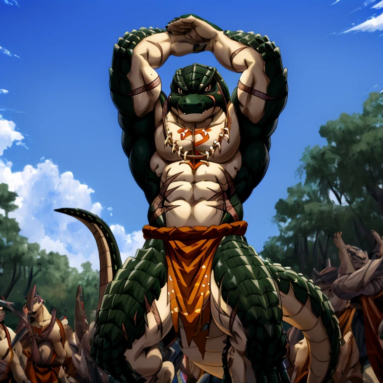 zenberu gugu, scalie, solo, loincloth, male, reptile, muscular male, overlord (series), anthro, muscular, clothing, muscular anthro, bottomwear, scales, tribal, pecs, outside, abs, claws, topless, hi res, sky, clothed, chest scar, biceps, blue sky, crocodilian, stripes, light, low-angle view, markings, day, multicolored scales, front view, digital media (artwork), standing, striped scales, cloud, scar, raised arm, big muscles, spikes, detailed background, two tone scales,
nj5furry,