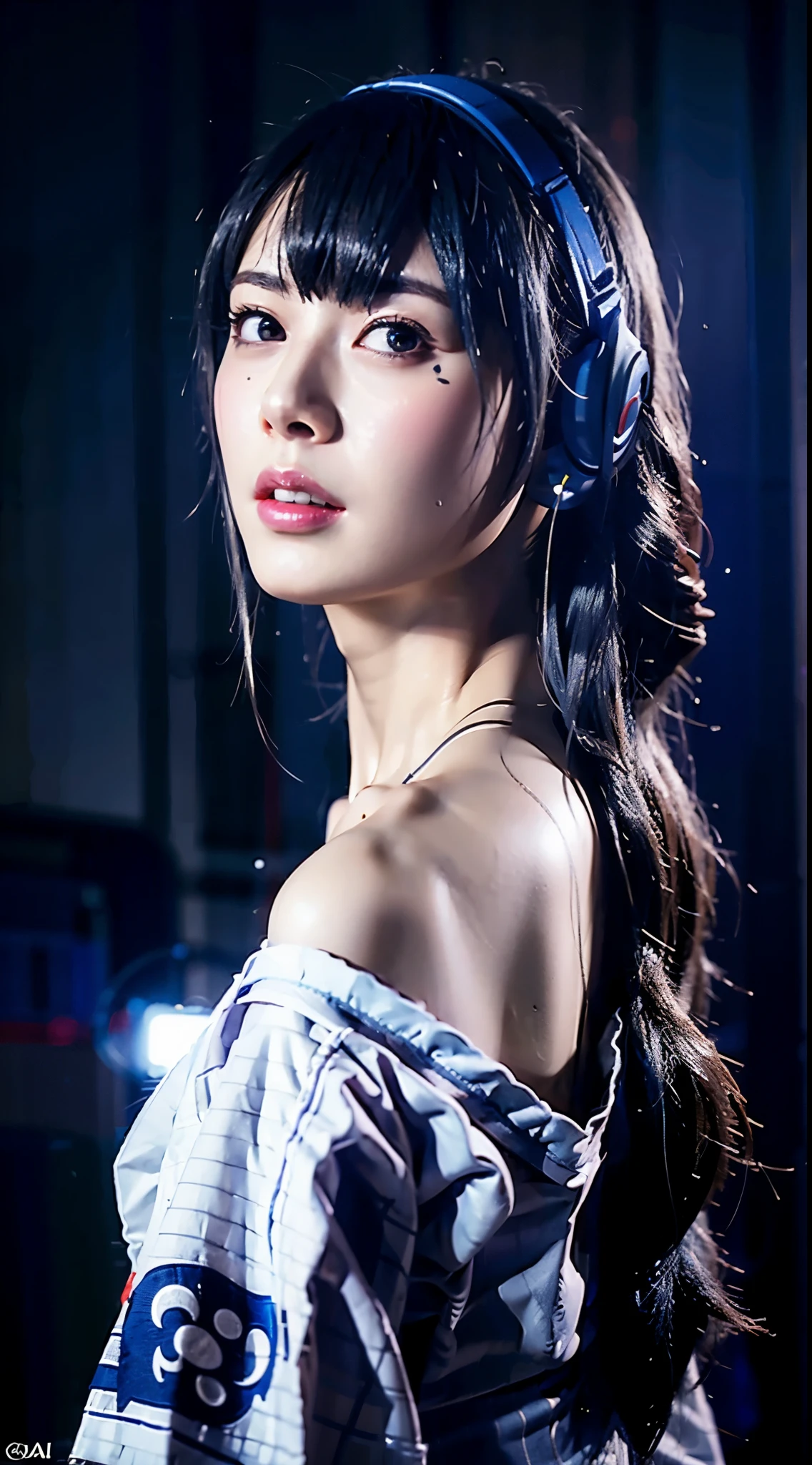 dressed, (photo realistic:1.4), (hyper realistic:1.4), (realistic:1.3), (smoother lighting:1.05), (increase cinematic lighting quality:0.9), 32K, 1girl,20yo girl, realistic lighting, backlighting, light on the face, ray trace, (brightening light:1.2), (Increase quality:1.4), (best quality real texture skin:1.4), finely detailed eyes, finely detailed face, finely quality eyes, (tired and sleepy and satisfied:0.0), face closeup, t-shirt with headphones, (Increase body line mood:1.1), (Increase skin texture beauty:1.1)