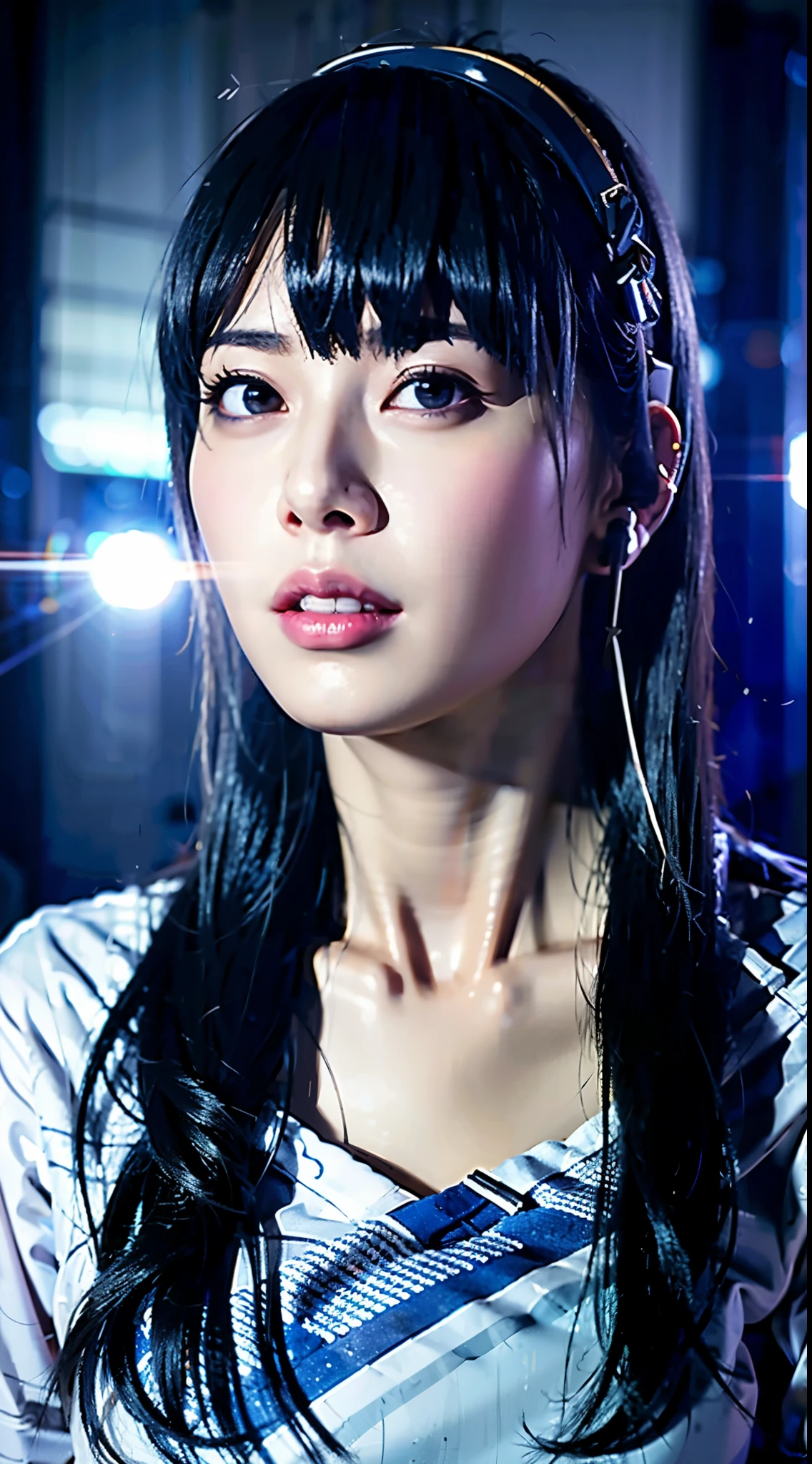 dressed, (photo realistic:1.4), (hyper realistic:1.4), (realistic:1.3), (smoother lighting:1.05), (increase cinematic lighting quality:0.9), 32K, 1girl,20yo girl, realistic lighting, backlighting, light on the face, ray trace, (brightening light:1.2), (Increase quality:1.4), (best quality real texture skin:1.4), finely detailed eyes, finely detailed face, finely quality eyes, (tired and sleepy and satisfied:0.0), face closeup, t-shirt with headphones, (Increase body line mood:1.1), (Increase skin texture beauty:1.1)