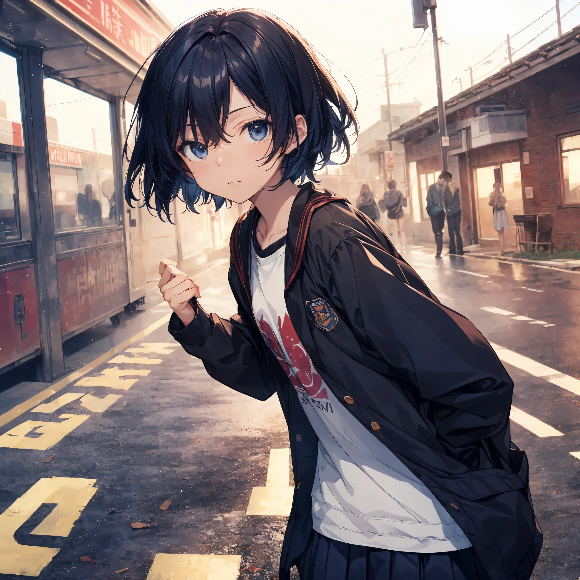 Super high quality by the art god, Ultra-detailed, High resolution, Shinkai Makoto style, anime moe art style, best anime 8K konachan wallpaper, Pixiv Contest Winner, Perfect Anatomy, BREAK,(Please draw a sleepy girl going to school alone.. ),BREAK, a hyperrealistic schoolgirl, (Solo,Lori,,13yea:1.3),Full limbs, complete fingers,a junior gynous attraction, (extra very short hair), hair messy, flat and soft chest, Small butt, groin, Small eyes,Beautiful detailed black eyes, Well-proportioned iris and pupils, disgusted eye, High resolution detailed hair, School uniform, Skirt, On the way to school. BREAK,Ultra-detailed細なスキン, Best lighting by famous artists, 8K, Illustration,