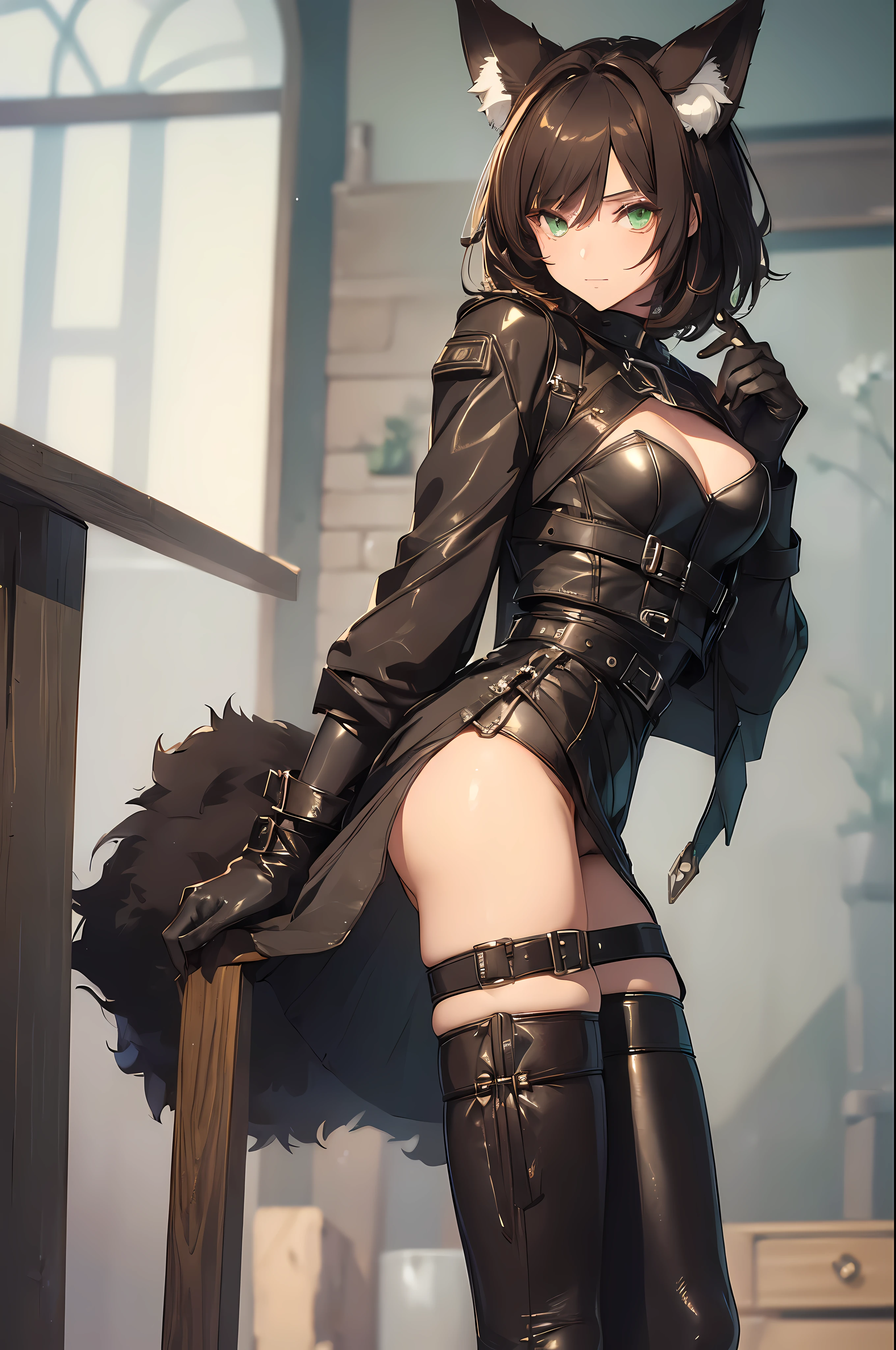 (Masterpiece: 1.5), (Best Quality: 1.5), (Perfect Face), Fox ears, Fox Tail, dark brown hair, green eyes, femboy, feminine male, flat chest, full body, leather skirt, short hair, fluffy hair, leather harness, thick tights, leather gloves, leather stockings,