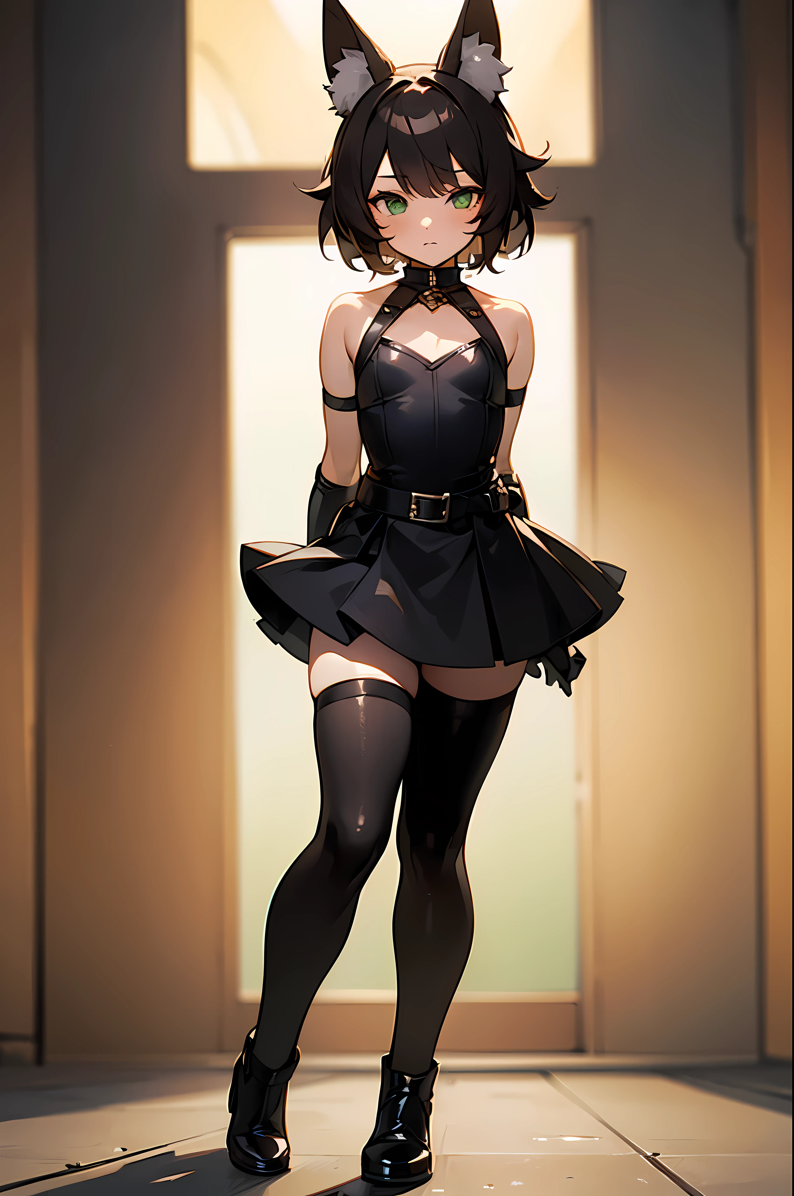 (Masterpiece: 1.5), (Best Quality: 1.5), (Perfect Face), Fox ears, Fox Tail, dark brown hair, green eyes, femboy, feminine male, flat chest, full body, leather skirt, short hair, fluffy hair, leather harness, thick tights, leather gloves, leather stockings,