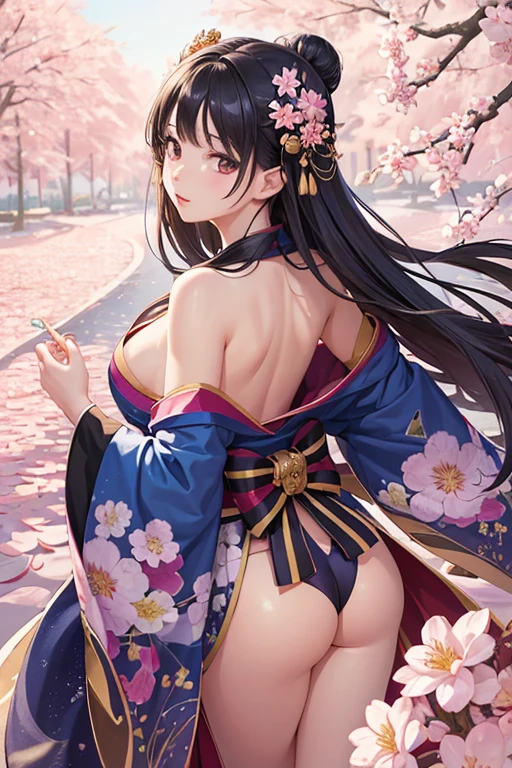 (​masterpiece、top-quality、top-quality、Official art、Beautifully Aesthetic:1.2)、(One girl:1.3)、ighly detailed、The most detailed、(Dynamic Poses)、(abstract background:1.3)、(Kimono)、(shinny skin)、A path lined with flourishing cherry blossom trees、Cherry blossom blizzard whole body、行走、Looking back