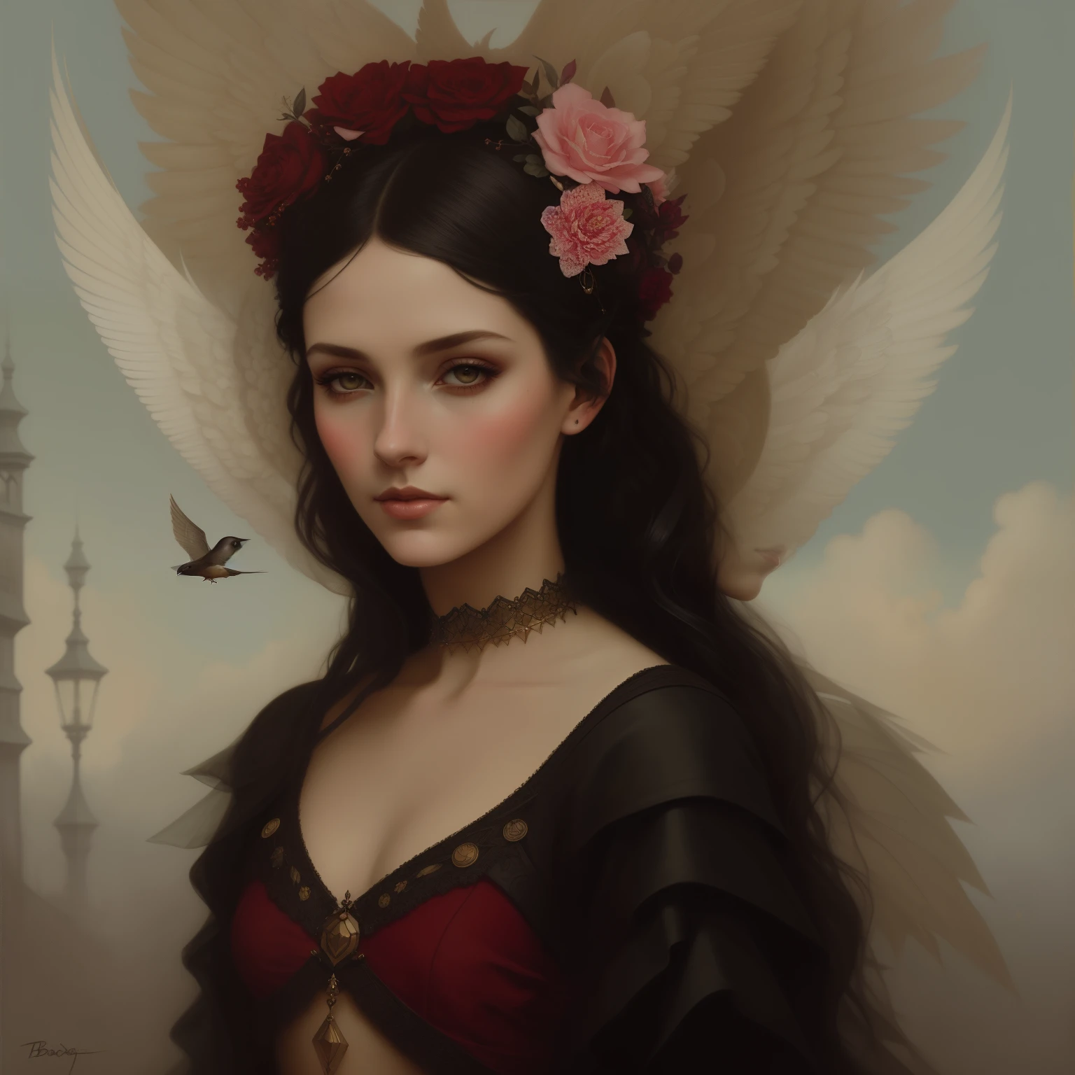 Painting of a woman with birds, flying over her head, tom bagshaw style, portrait of Tom bagshaw, tom bagshaw artstyle, beautiful fantasy art portrait, Артгерм и Tom Bagshaw, Artstyle: Tom Bagshaw, Арт Tom Bagshaw, beautiful fantasy portrait, Tom Bagshaw вдохновил, elegant digital painting, fantasy portrait art, tom bagshaw style