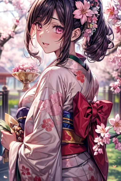((​master piece1.5)),hyper quality, Hyper Detailed,Perfect drawing,1girl in,((Bigger breasts)),kawaii ,Beautiful kimono with smiling eyes))),(((Luxury kimono)))、(Beautiful embroidery),。.。.。.3D Photography,16K illustrations,((clearface)),Hi-Res,nice background、(((beatiful backgrounds)))、(((Detailed drawing)))、Perfect Beautiful Girl、(((Perfect Photo)))、kirakira、shiny、a gorgeous、high-class sense、A dark-haired、(((pink seduction background)))、(thin-waist)、top-quality、Red face、​master piece,hyper quality, Hyper Detailed,Perfect drawing,。.。.。.。.3D,16K illustrations、Hi-Res、1 persons、japanaese girl、A dark-haired、poneyTail、Red ribbons、目がきついのにkawaii、(((luxury
kimono)))、(((In a wrapped bouquet)))、((Plum blossoms))、((peach blossoms))、((cherryblossom))、Back view、Detailed drawing、Best Quality, Capture super cute moments, depth of fields, ultra-detailliert,  High resolution, C4D, Octadale, 。.。.。.3D Modeling, Delicate and detailed depiction、Shooting from the back diagonally below、((moonlights))、superclear、Full of charm、masuter pie