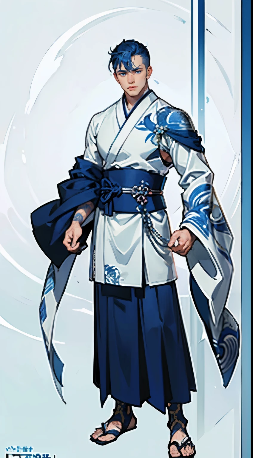 ((masterpiece,best quality,8k,highres)),((character concept art)), 1 male, young male adult, Ice God, 185cm height, buzz cut hairstyle (blue hair colour), ultra finely detailed eyes (blue eyes colour), extraordinary handsome, charming, serious face, menacing, athletic body build ((muscular)), tattoos around body, full tattoos, ((intricate detail)), super finely detailed hands, ultra finely detailed fingers(((ten fingers))), japanese kimono outfit (white and blue colour outfit), (standing still), (full body showcase), (show full body), (no logos on background), (no logo), ((plain background)), ((plain background)), (((empty background)))