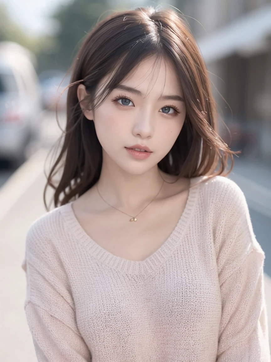 A girl is walking on the river.、Mix 4、Sweater、pillow、Lips s、opened mouth、Reality、Photograph_\(pinch\)、single、(master-piece)、(Photoreallistic:1.3)、Hyper ultra details、(high-detail)Skindentation:1.2)、(beste-Qualit:1.0)、(ultra-high resolution:1.0)、(Orshan-6500:0.3)、Finely wavy hair、long-haired、sunlight、(Beautiful makeup details)、(sexual excitement、Blush、Rough breathing:1.0) )、(soft glowing bloom:0.5)、on street、casual outfit