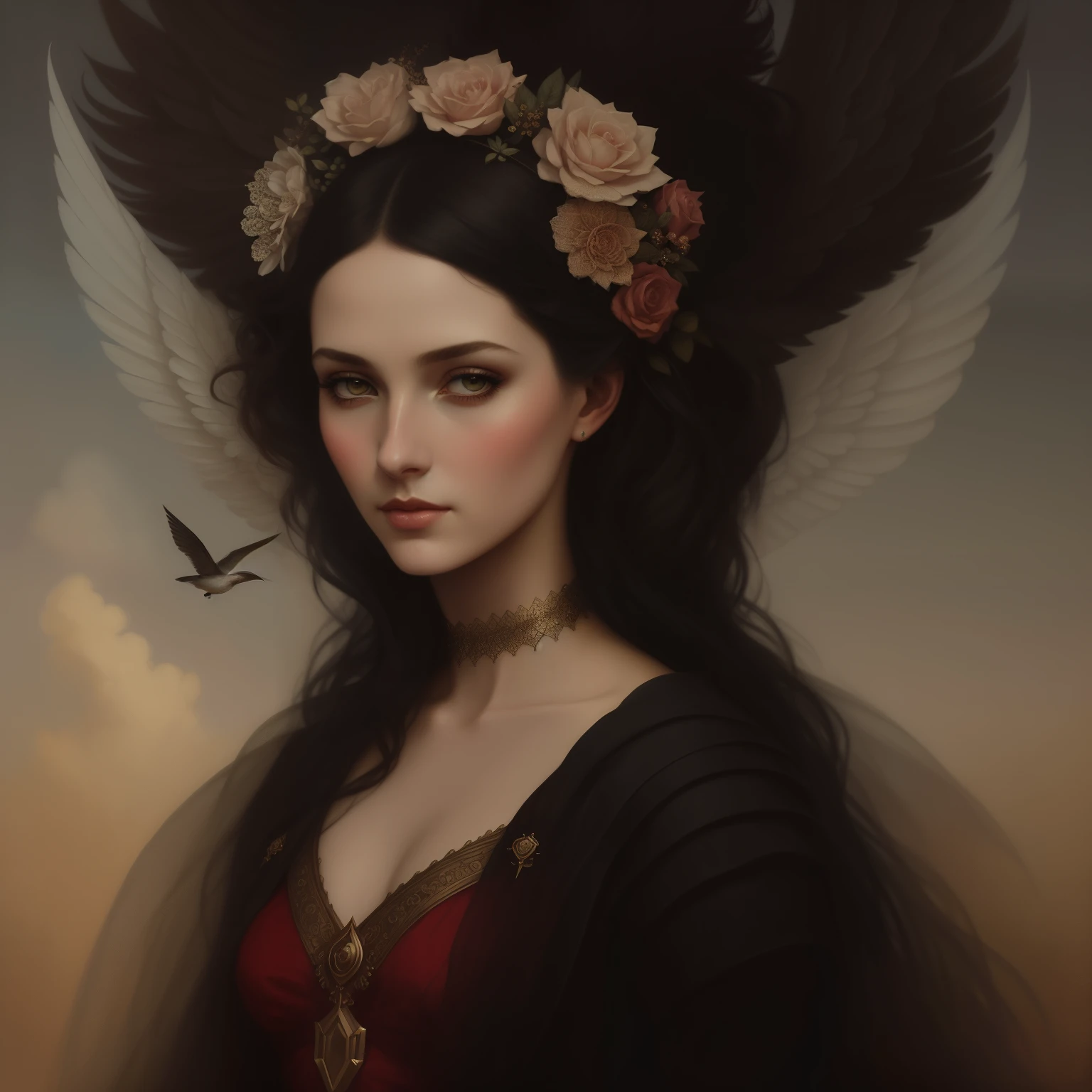 Painting of a woman with birds, flying over her head, tom bagshaw style, portrait of Tom bagshaw, tom bagshaw artstyle, beautiful fantasy art portrait, Артгерм и Tom Bagshaw, Artstyle: Tom Bagshaw, Арт Tom Bagshaw, beautiful fantasy portrait, Tom Bagshaw вдохновил, elegant digital painting, fantasy portrait art, tom bagshaw style