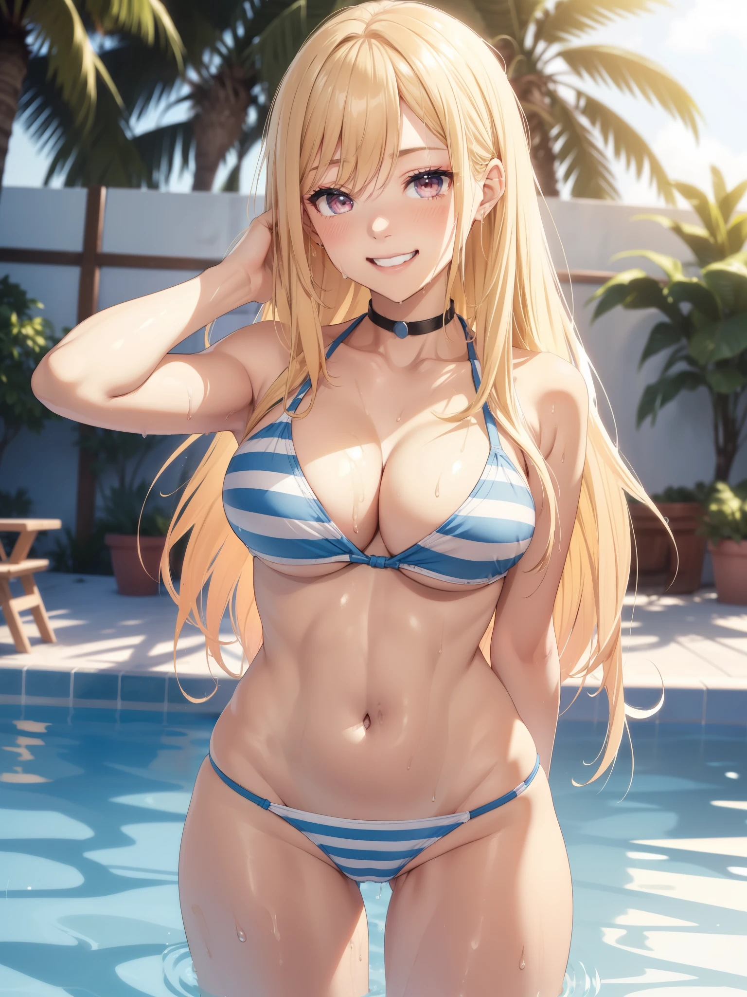 (tmasterpiece, Best quality at best, ultra - detailed, hyper HD, realisticlying, Cinematic), (charming anime girls), (Kitagawa Marin), perfect bodies, s the perfect face, Perfect hands, s delicate face, ( Cleavage is large:1.2), (runde), (又长又runde的腿), (wide wide shot, full-body view:1.5), (wet golden blonde, The end has a peach pink gradient), (Long, waist-length hair), (Wearing a soaking wet blue string bikini top, There are white stripes), (navel), (Wet blue T-back bikini, There are white stripes:1.2), (sitted, lewd poses), (pool-side), Fuchsia eyes, Detailed students, nude lips, Be red in the face, Psychological smile, Excited smile, (from below:1.2), Wet skin, wet face