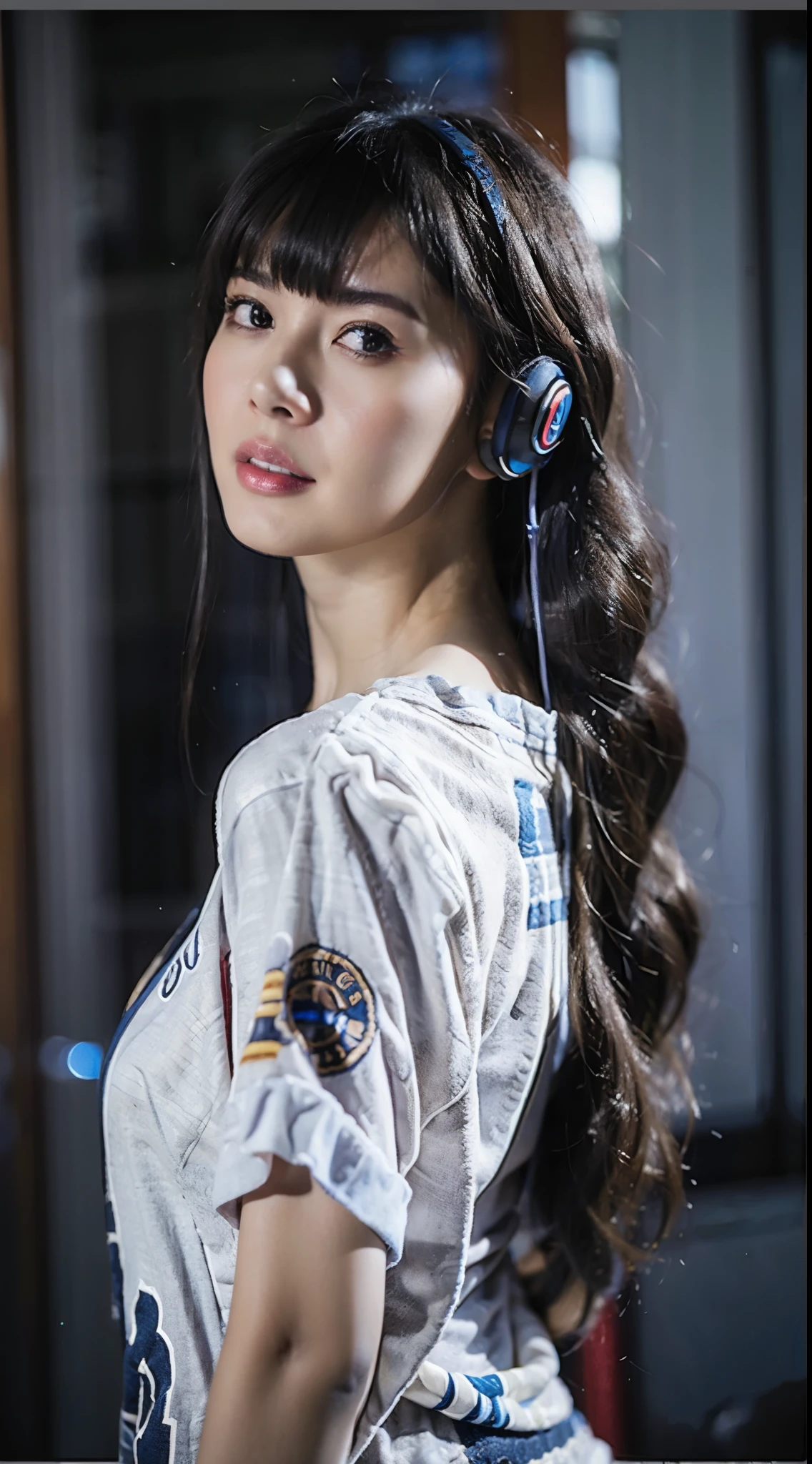 dressed, (photo realistic:1.4), (hyper realistic:1.4), (realistic:1.3), (smoother lighting:1.05), (increase cinematic lighting quality:0.9), 32K, 1girl,20yo girl, realistic lighting, backlighting, light on the face, ray trace, (brightening light:1.2), (Increase quality:1.4), (best quality real texture skin:1.4), finely detailed eyes, finely detailed face, finely quality eyes, (tired and sleepy and satisfied:0.0), face closeup, t-shirt with headphones, (Increase body line mood:1.1), (Increase skin texture beauty:1.1)