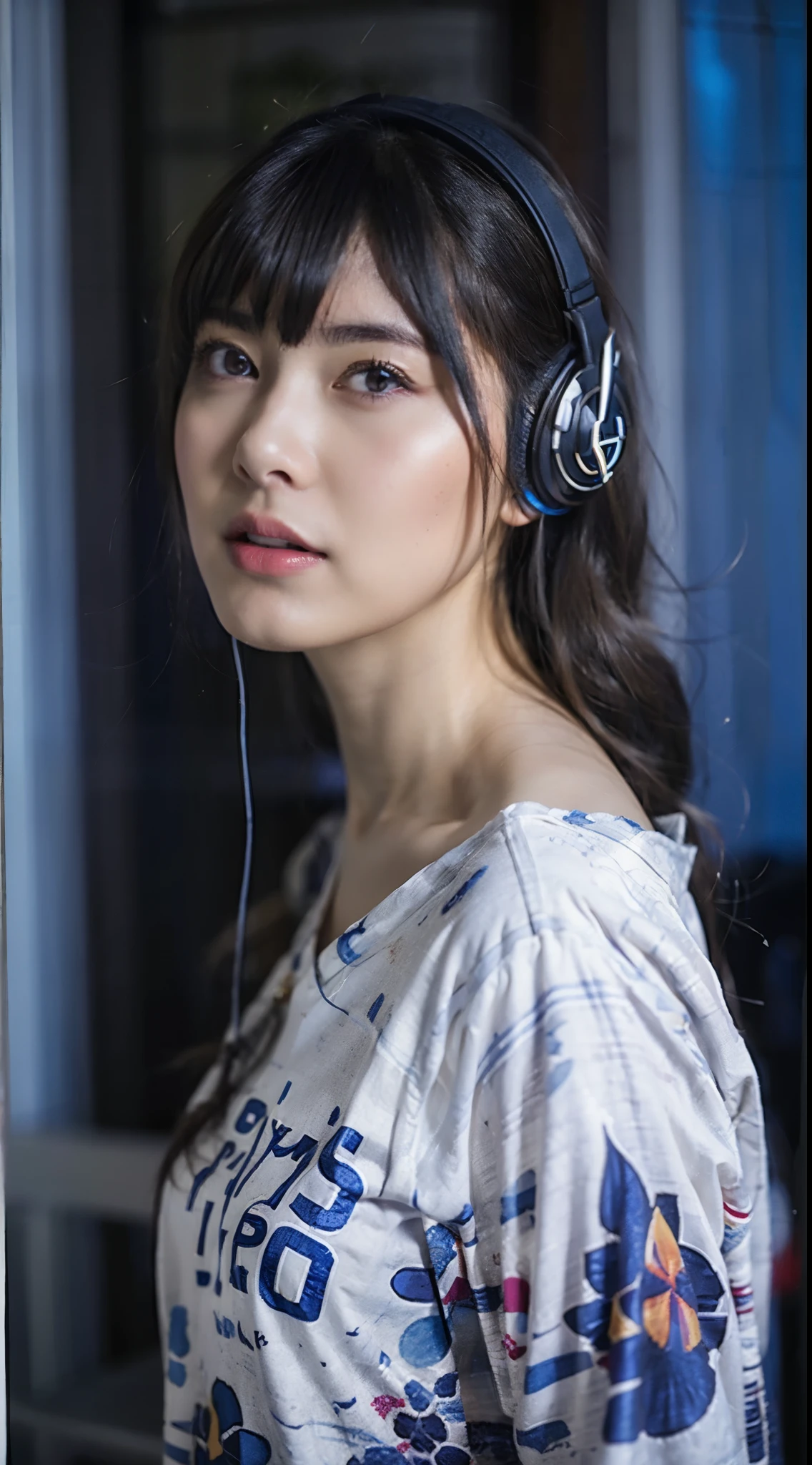 dressed, (photo realistic:1.4), (hyper realistic:1.4), (realistic:1.3), (smoother lighting:1.05), (increase cinematic lighting quality:0.9), 32K, 1girl,20yo girl, realistic lighting, backlighting, light on the face, ray trace, (brightening light:1.2), (Increase quality:1.4), (best quality real texture skin:1.4), finely detailed eyes, finely detailed face, finely quality eyes, (tired and sleepy and satisfied:0.0), face closeup, t-shirt with headphones, (Increase body line mood:1.1), (Increase skin texture beauty:1.1)