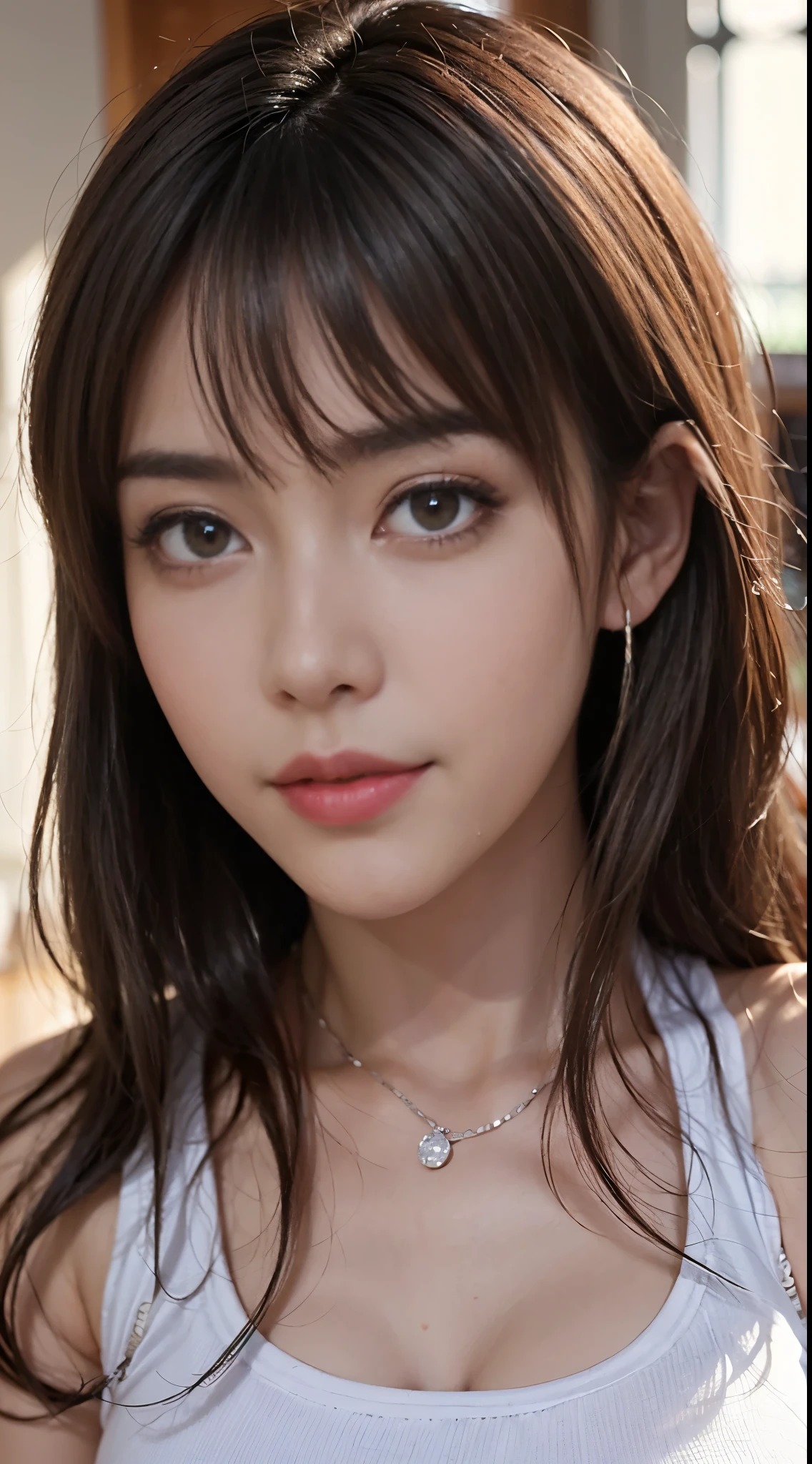 masutepiece, Best Quality, Photorealsitic, finely detail, hight resolution, 8K Wallpapers, Perfect dynamic composition, foco nítido, A hyper-realistic, Beautiful detailed eyes, Medium Hair, large full breasts, Random and sexy poses, Bring your chest together, (colorful o-neck knit tank top, white panty，wide open cleavage:1.4, High cut pantier east bulge:1.2,(Emphasizes cleavage, Tank top with a clear view of the chest:1.3)), A smile, open open mouth, Resort scenery, 25-years old, (drooing eyes:1.4),  Beauty, japanes,  Chain Necklace, large earring, Shooting from front